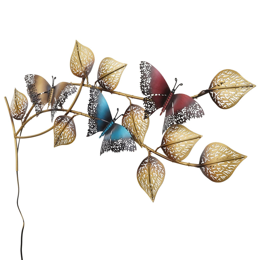 Decorative Leaves and Butterfly Design Handcrafted Iron Wall Hanging with background LED's(Brown, Golden and Blue) Kafalo
