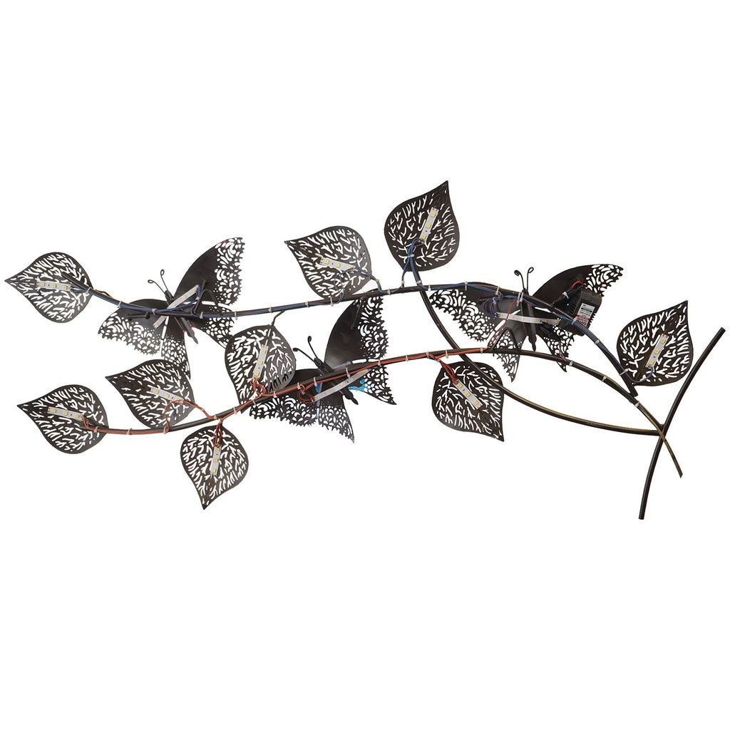 Decorative Leaves and Butterfly Design Handcrafted Iron Wall Hanging with background LED's(Brown, Golden and Blue) Kafalo