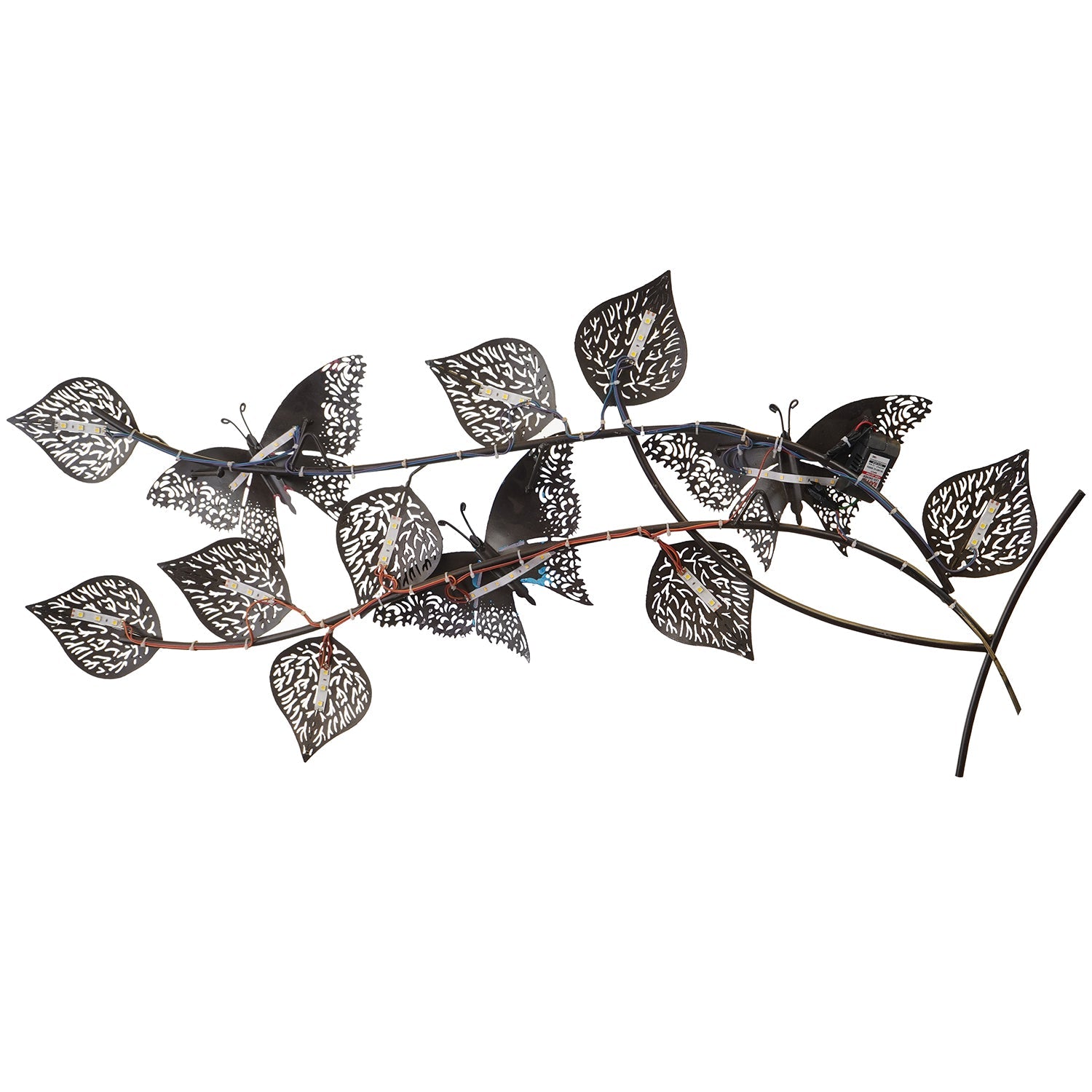 Decorative Leaves and Butterfly Design Handcrafted Iron Wall Hanging with background LED's(Brown, Golden and Blue) Kafalo