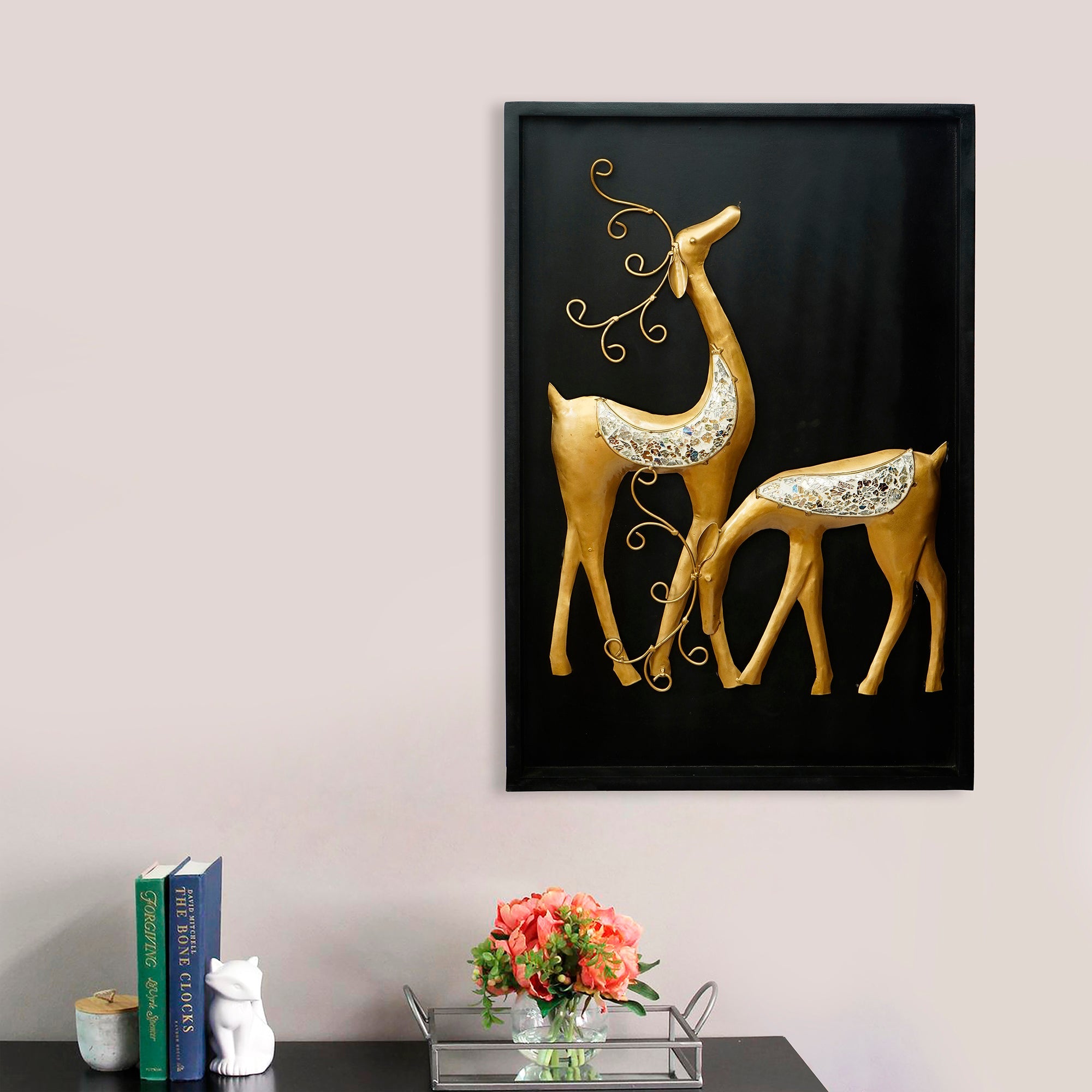 Black and Golden Deer with Wooden Frame Handcrafted Metal Wall Hanging Kafalo