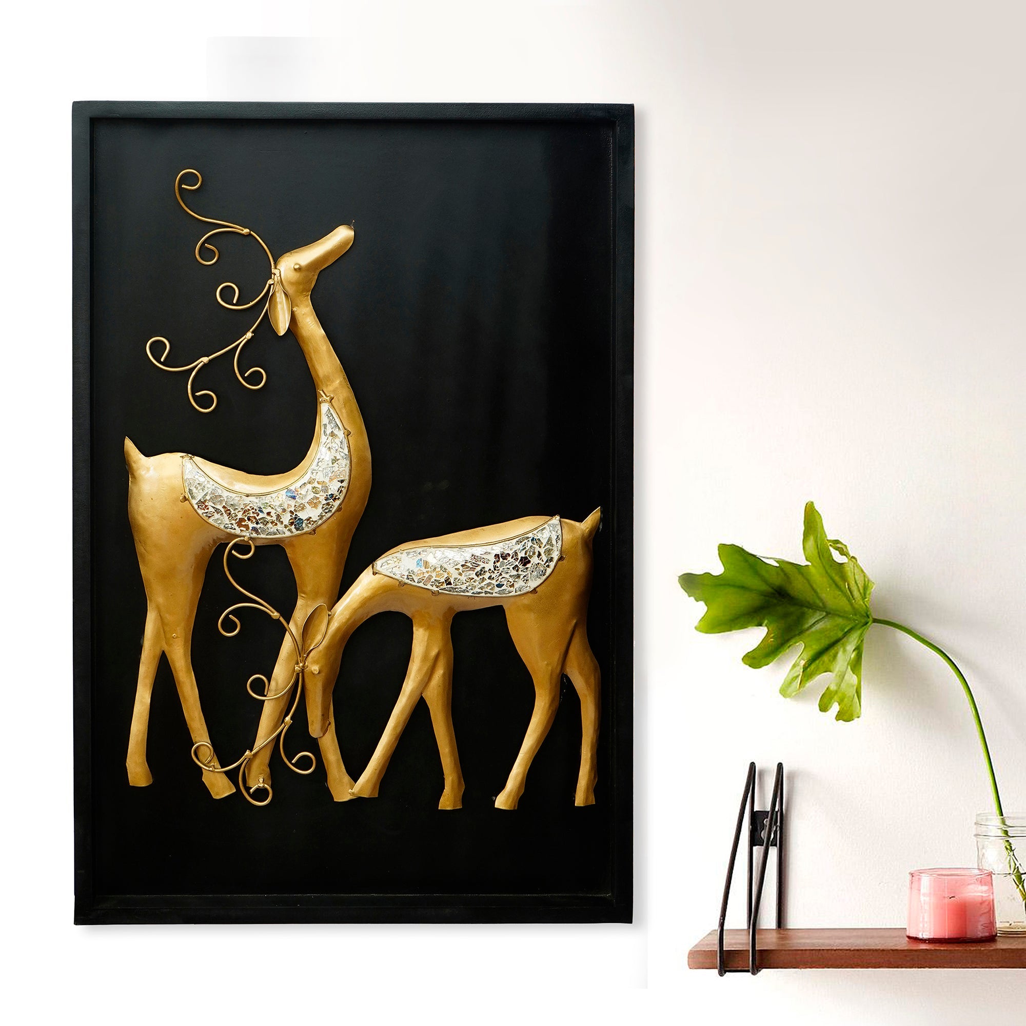 Black and Golden Deer with Wooden Frame Handcrafted Metal Wall Hanging Kafalo