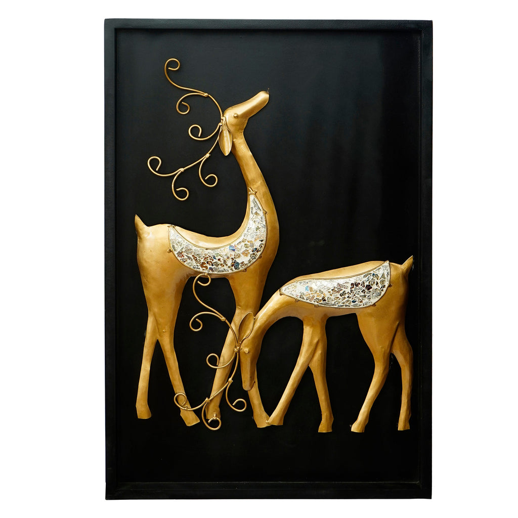 Black and Golden Deer with Wooden Frame Handcrafted Metal Wall Hanging Kafalo