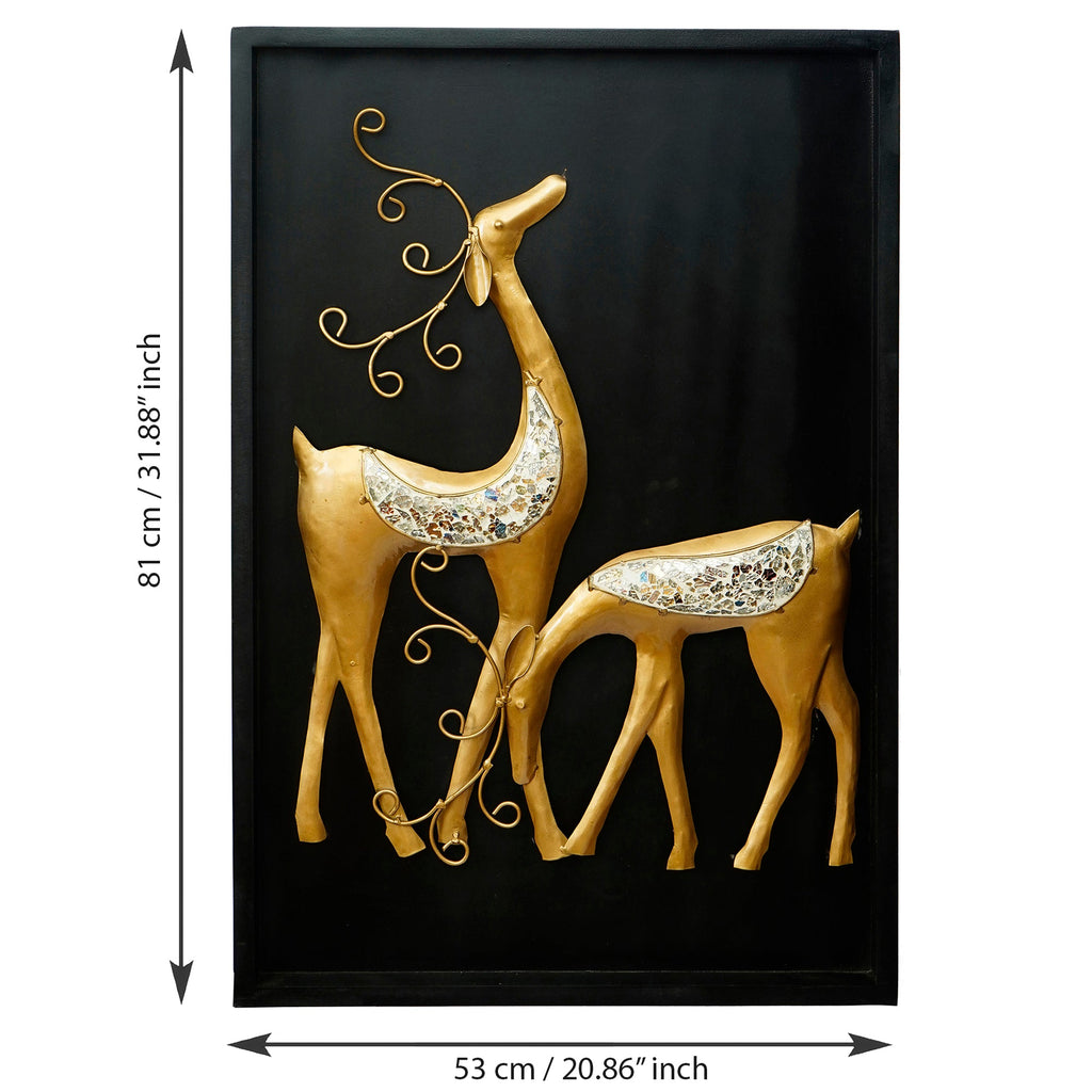 Black and Golden Deer with Wooden Frame Handcrafted Metal Wall Hanging Kafalo