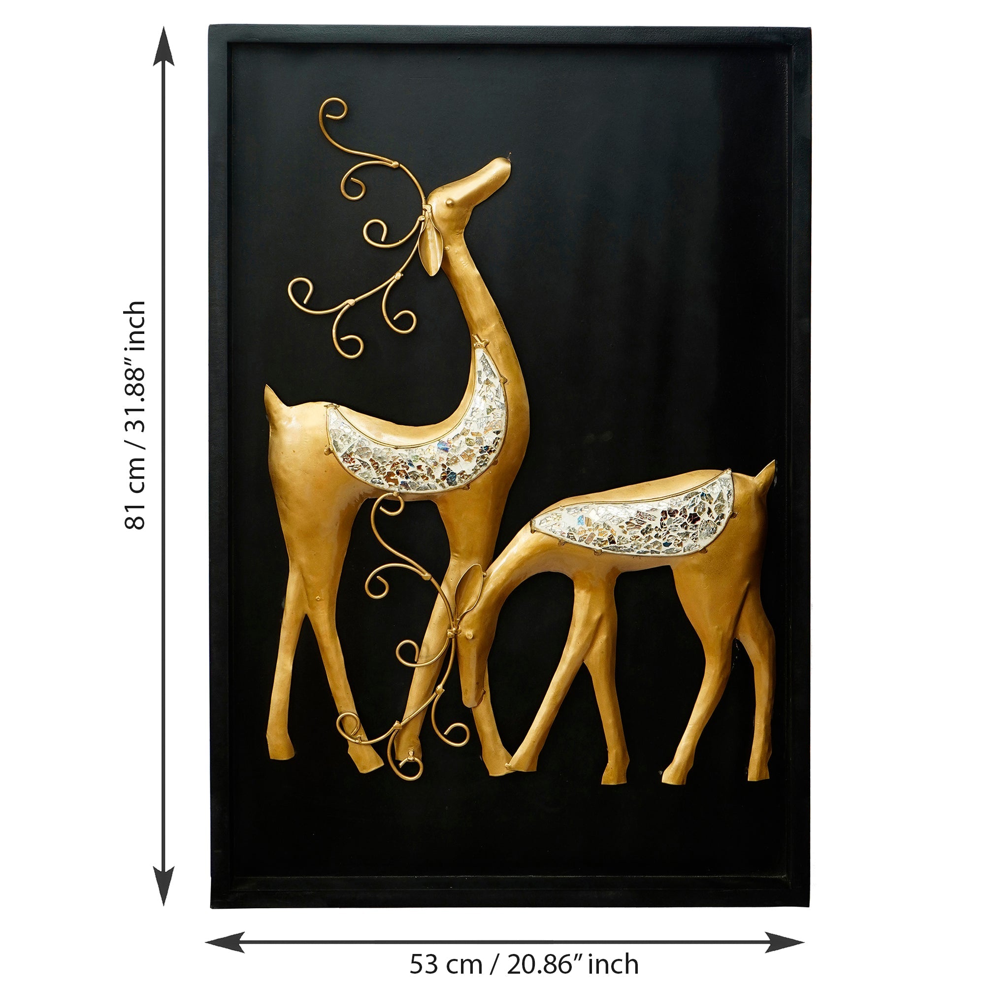 Black and Golden Deer with Wooden Frame Handcrafted Metal Wall Hanging Kafalo