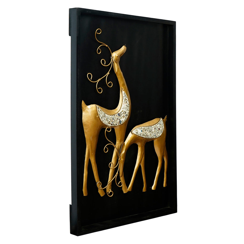 Black and Golden Deer with Wooden Frame Handcrafted Metal Wall Hanging Kafalo