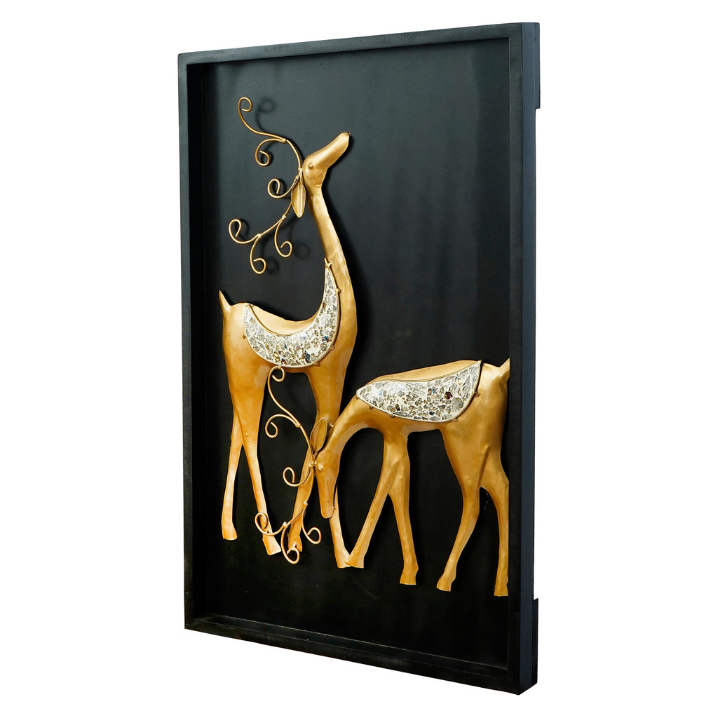 Black and Golden Deer with Wooden Frame Handcrafted Metal Wall Hanging Kafalo