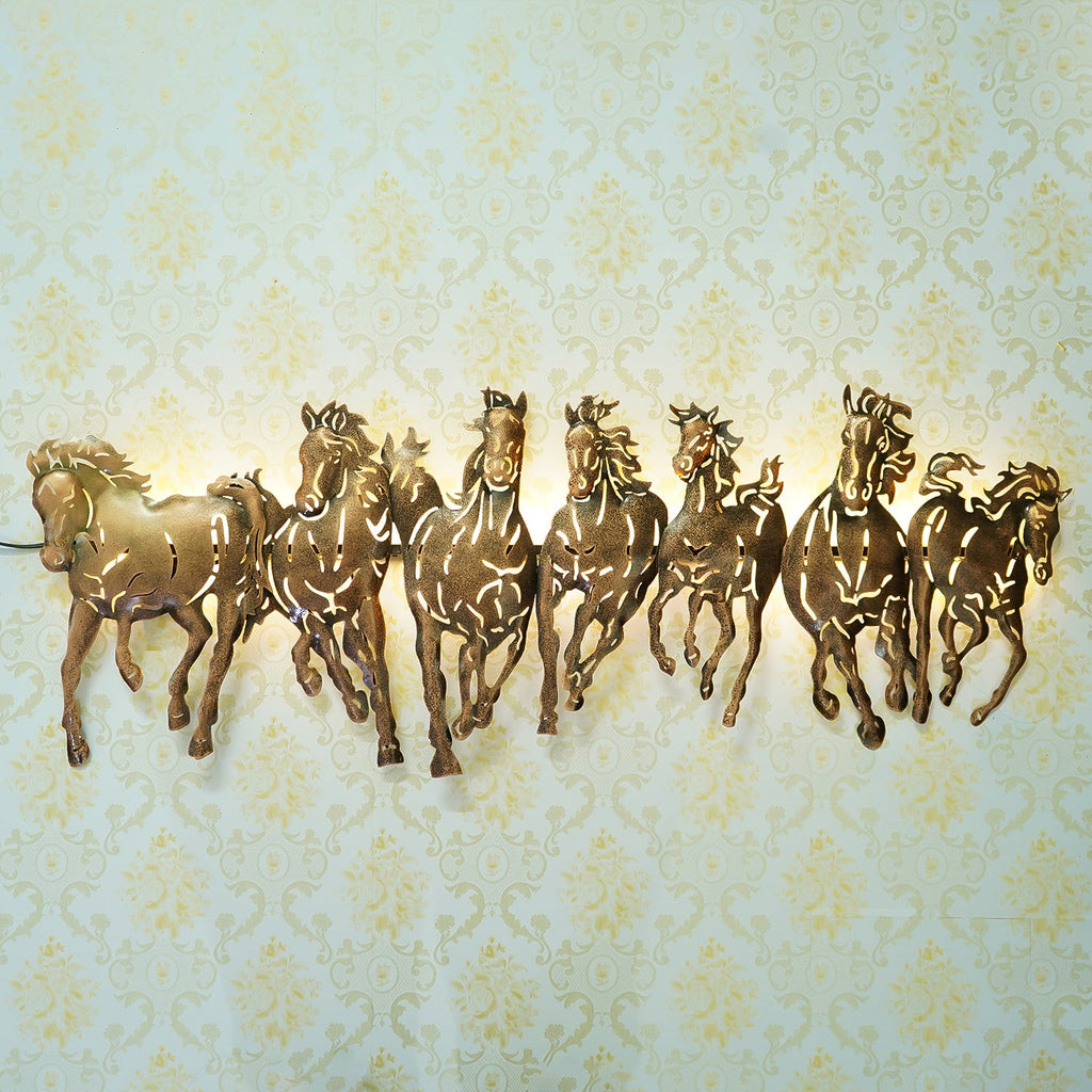 Brown Running 7 Horses Design Handcrafted Iron Wall Hanging with background LED's Kafalo