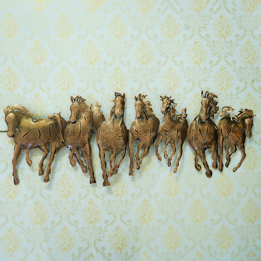 Brown Running 7 Horses Design Handcrafted Iron Wall Hanging with background LED's Kafalo