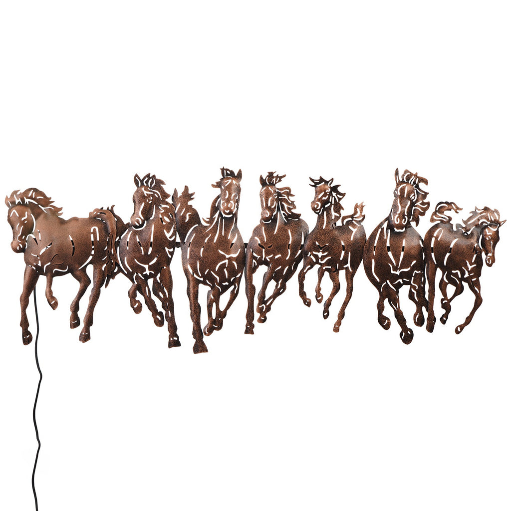 Brown Running 7 Horses Design Handcrafted Iron Wall Hanging with background LED's Kafalo