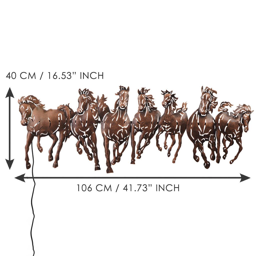 Brown Running 7 Horses Design Handcrafted Iron Wall Hanging with background LED's Kafalo