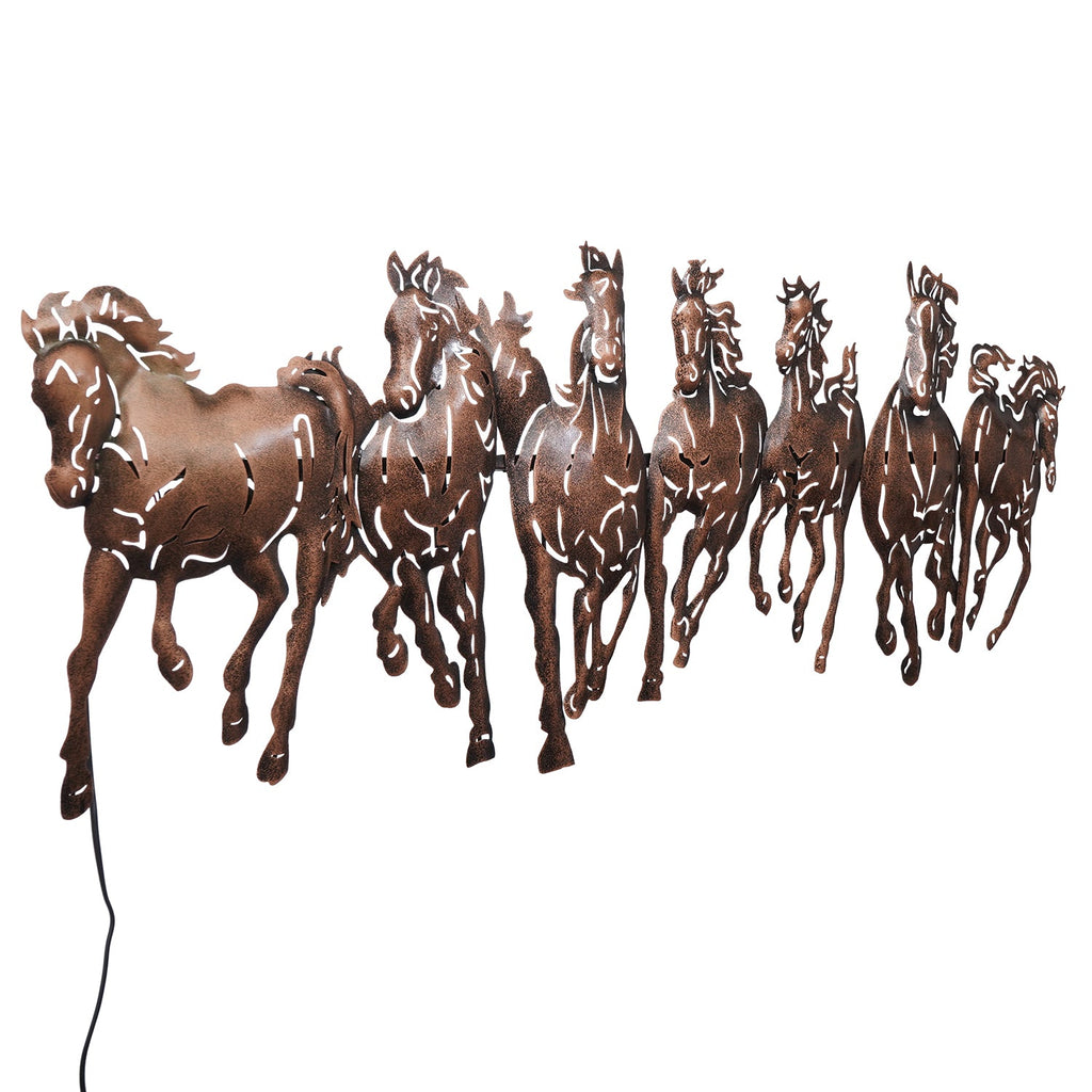 Brown Running 7 Horses Design Handcrafted Iron Wall Hanging with background LED's Kafalo