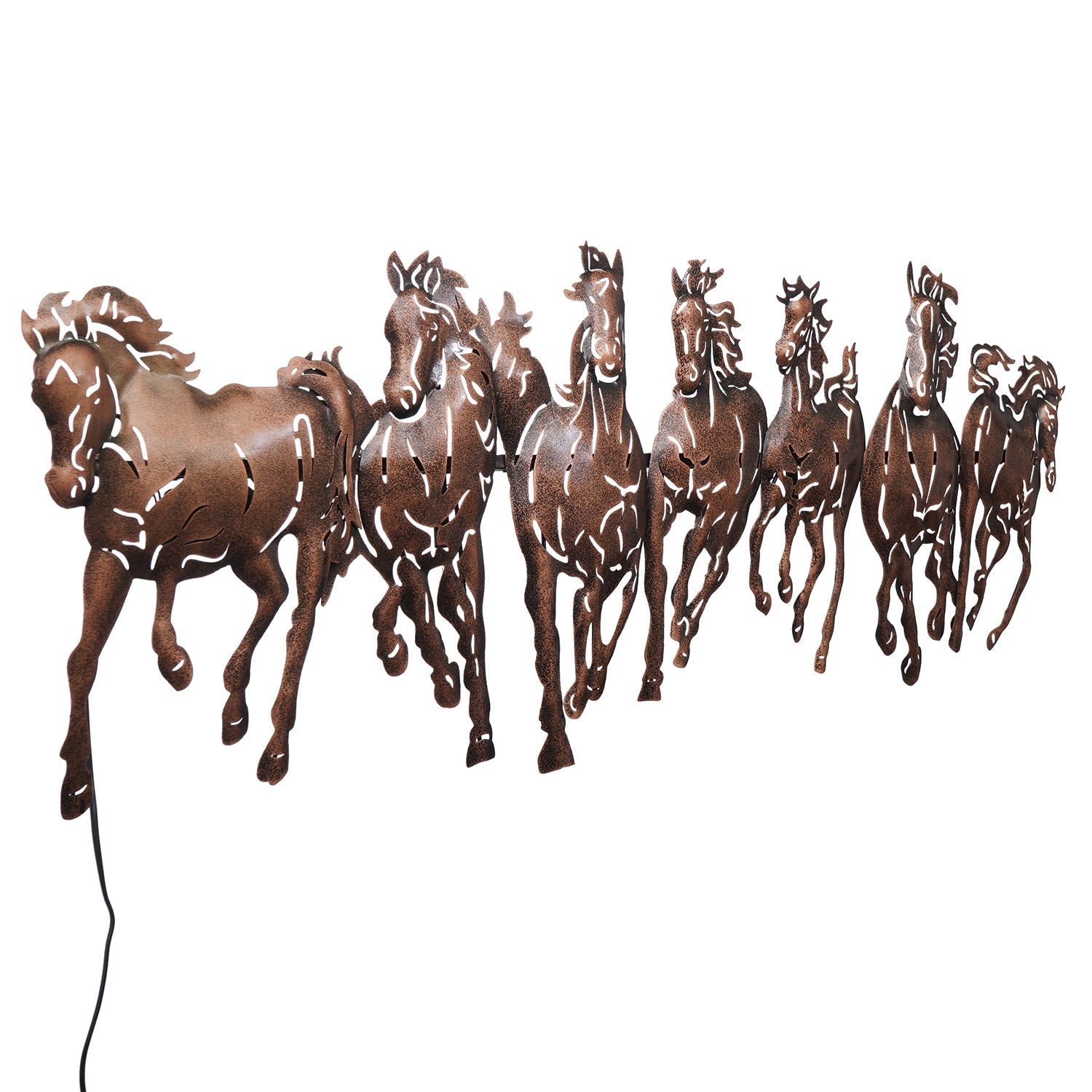 Brown Running 7 Horses Design Handcrafted Iron Wall Hanging with background LED's Kafalo
