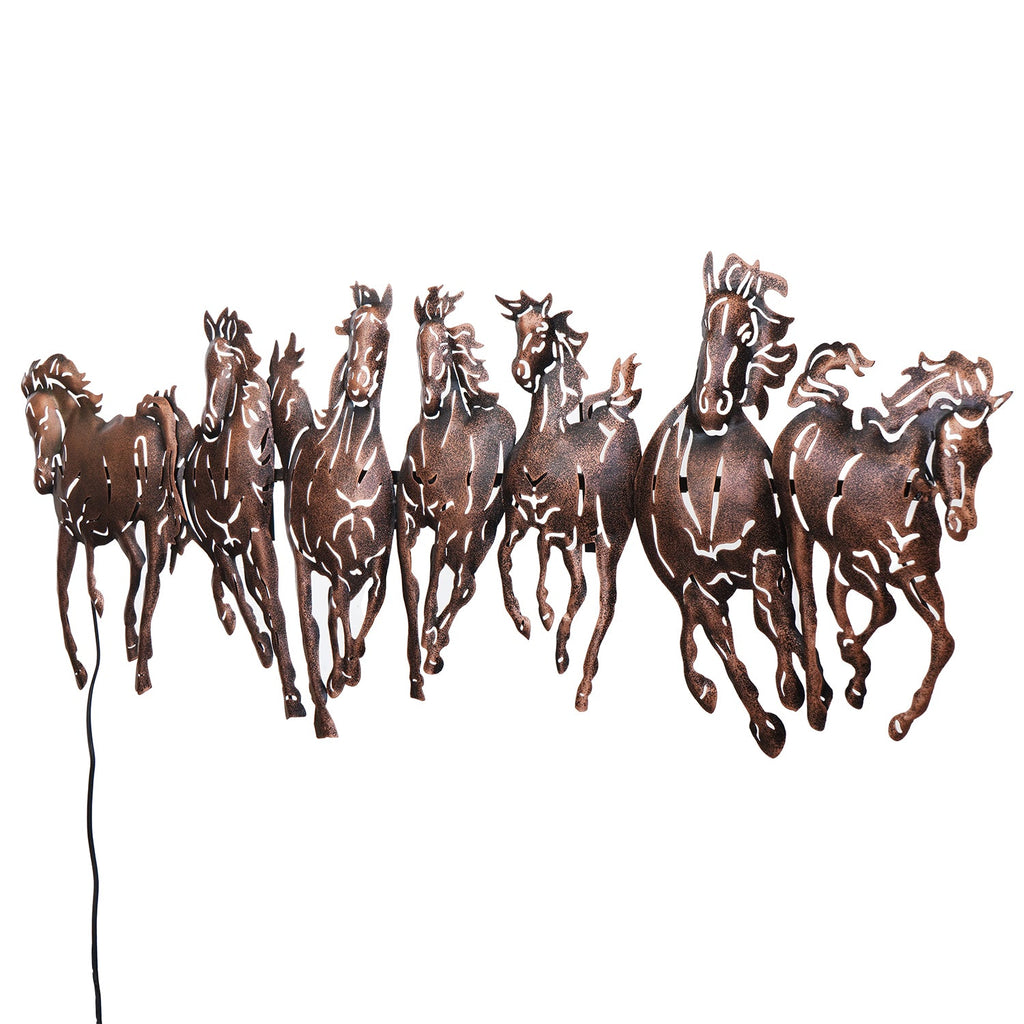 Brown Running 7 Horses Design Handcrafted Iron Wall Hanging with background LED's Kafalo