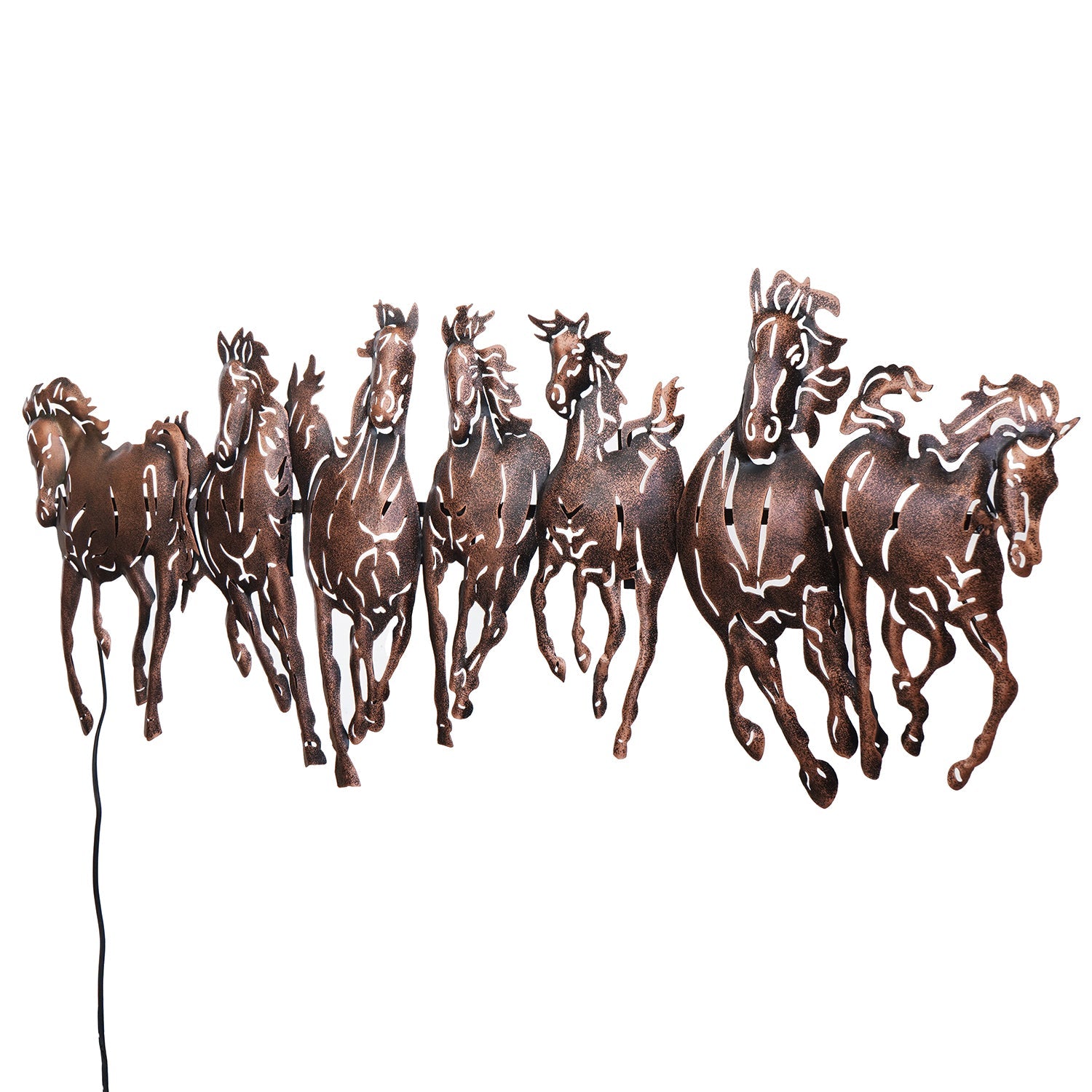 Brown Running 7 Horses Design Handcrafted Iron Wall Hanging with background LED's Kafalo