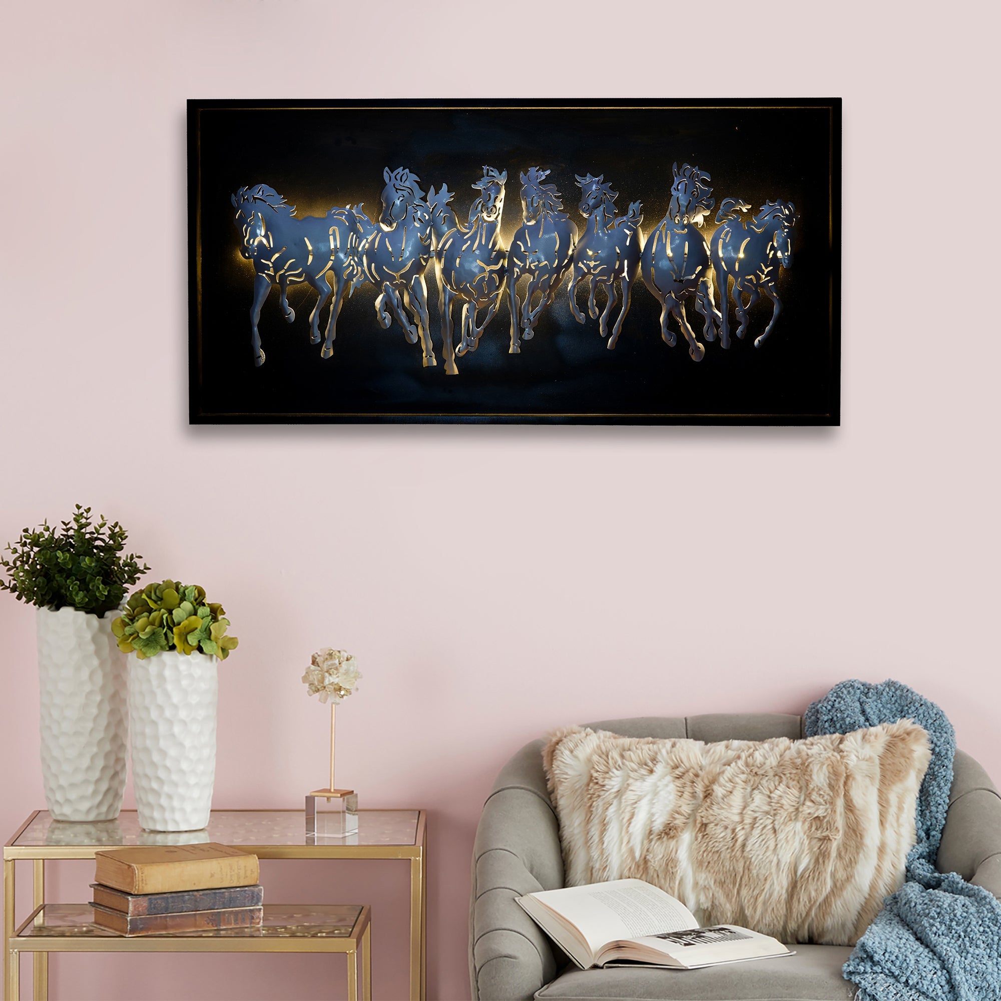 Black and Silver 7 Running Horses empanalled in Wooden Frame Handcrafted Metal Wall Hanging with Background LED's Kafalo