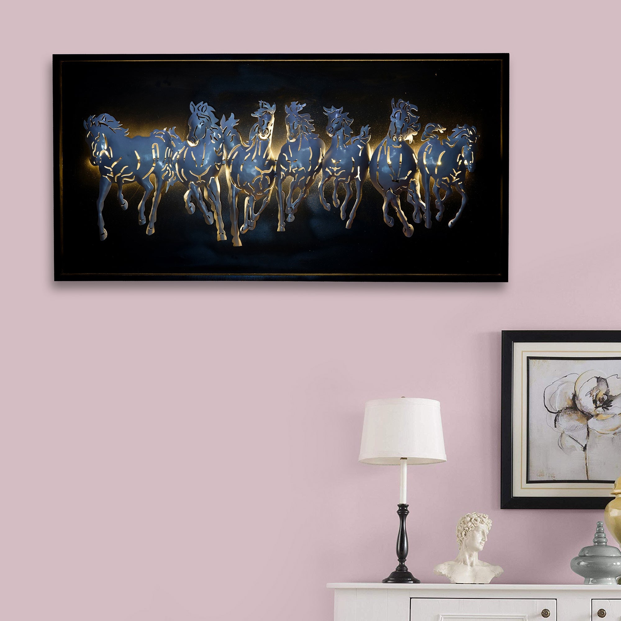 Black and Silver 7 Running Horses empanalled in Wooden Frame Handcrafted Metal Wall Hanging with Background LED's Kafalo