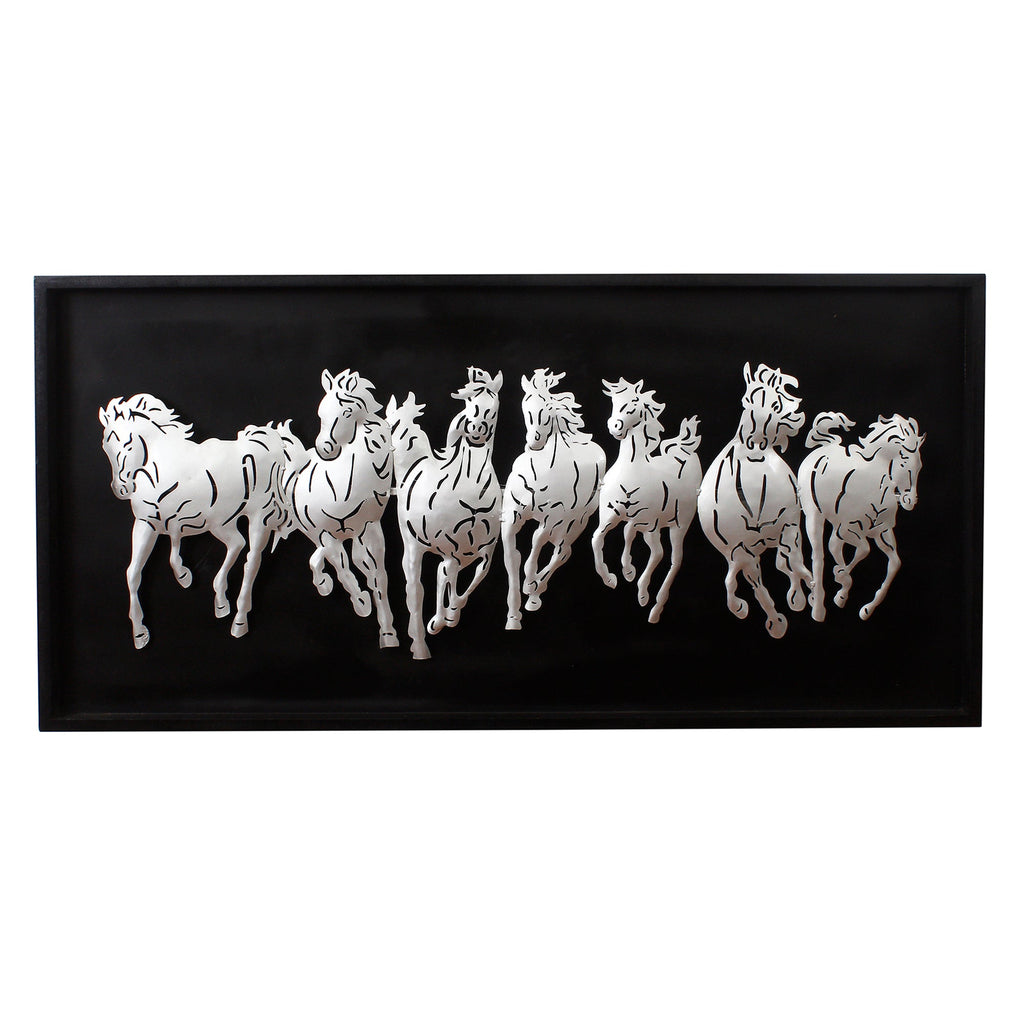 Black and Silver 7 Running Horses empanalled in Wooden Frame Handcrafted Metal Wall Hanging with Background LED's Kafalo