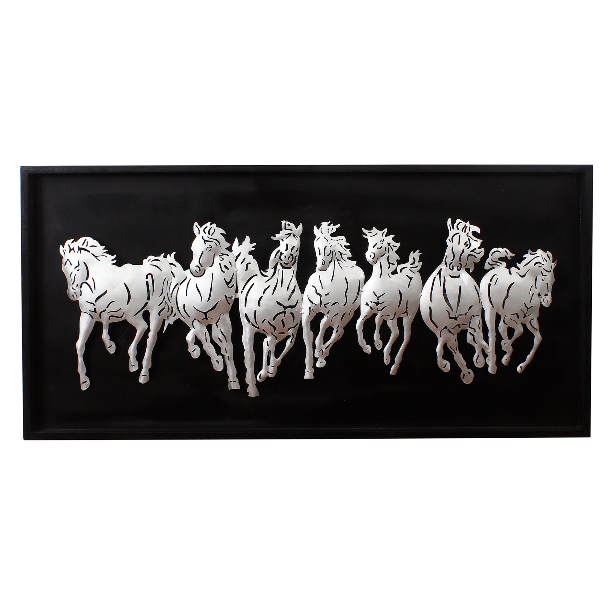 Black and Silver 7 Running Horses empanalled in Wooden Frame Handcrafted Metal Wall Hanging with Background LED's Kafalo