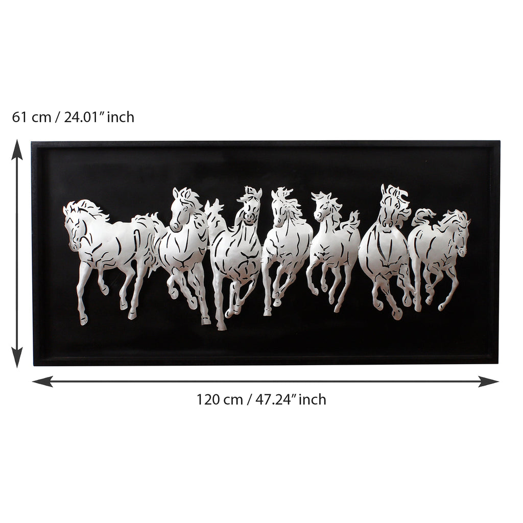 Black and Silver 7 Running Horses empanalled in Wooden Frame Handcrafted Metal Wall Hanging with Background LED's Kafalo