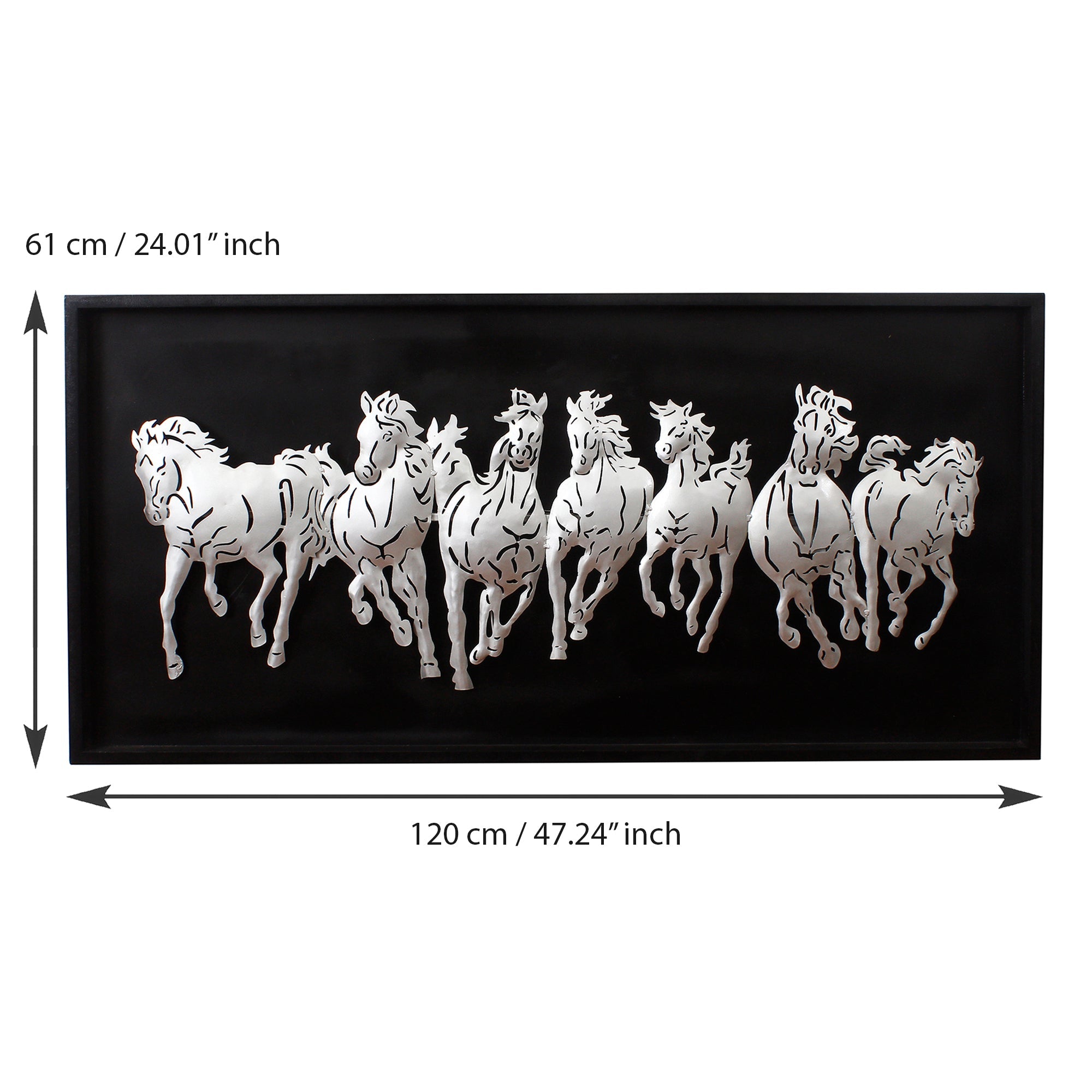 Black and Silver 7 Running Horses empanalled in Wooden Frame Handcrafted Metal Wall Hanging with Background LED's Kafalo