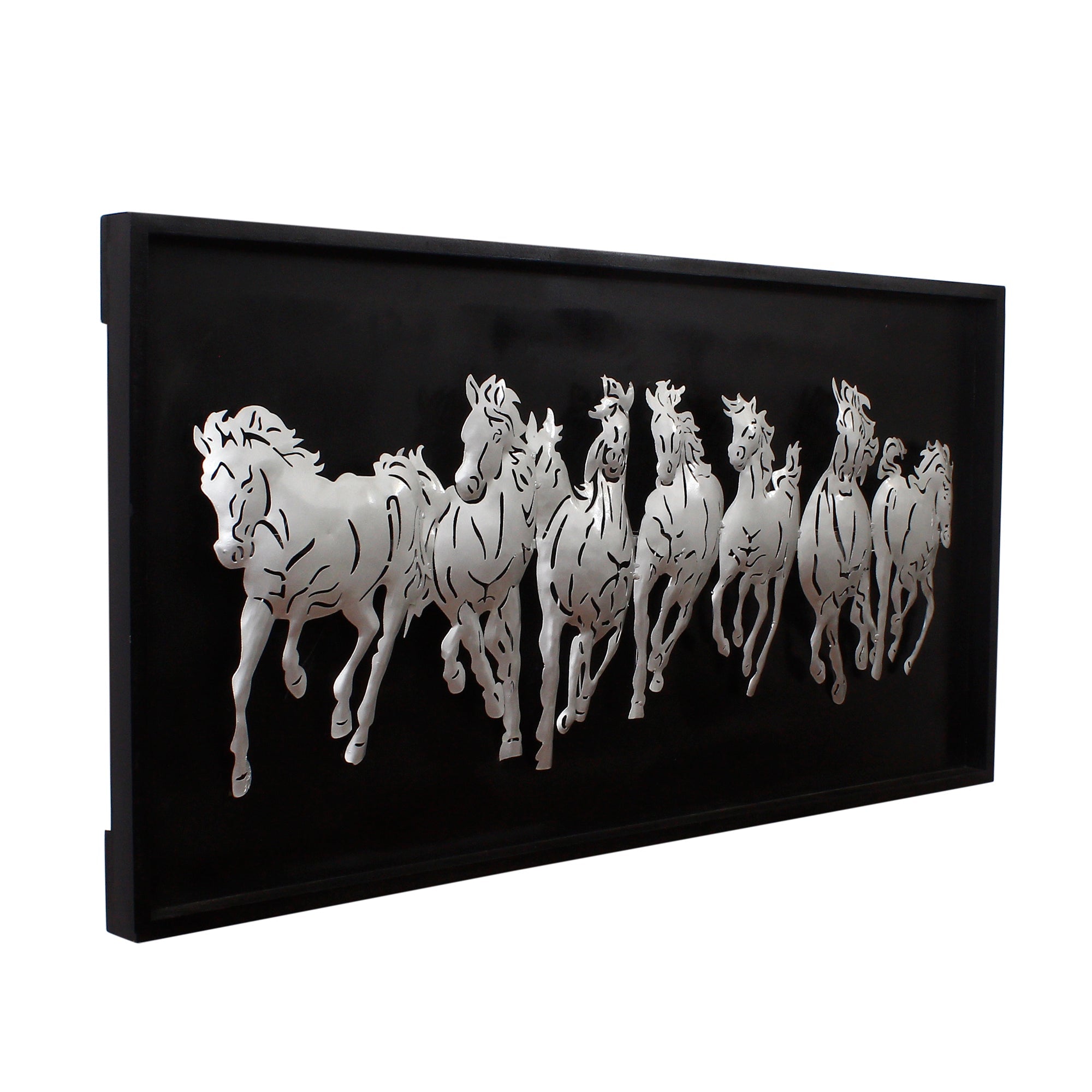 Black and Silver 7 Running Horses empanalled in Wooden Frame Handcrafted Metal Wall Hanging with Background LED's Kafalo