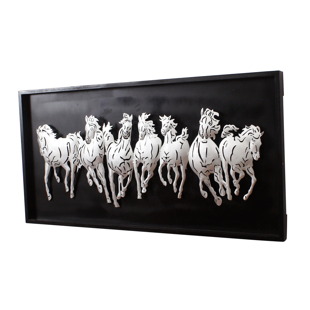 Black and Silver 7 Running Horses empanalled in Wooden Frame Handcrafted Metal Wall Hanging with Background LED's Kafalo
