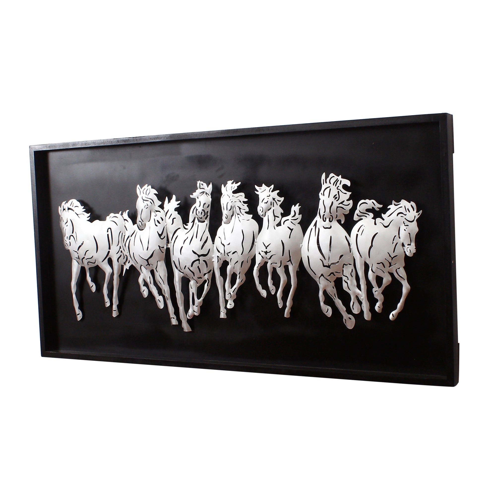 Black and Silver 7 Running Horses empanalled in Wooden Frame Handcrafted Metal Wall Hanging with Background LED's Kafalo