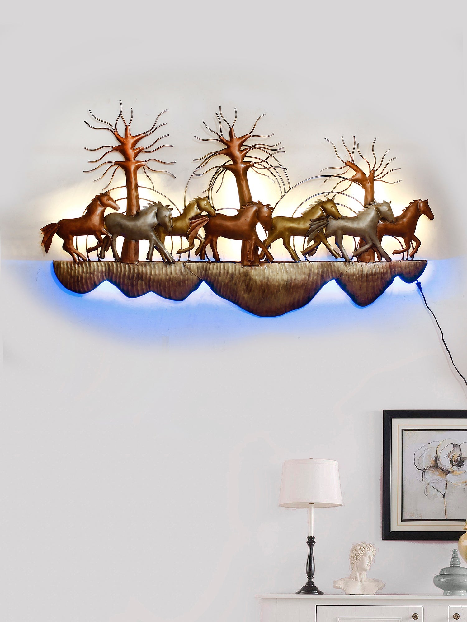 7 Running Horses Scenic View Handcrafted Iron Wall Hanging with background LED's Kafalo