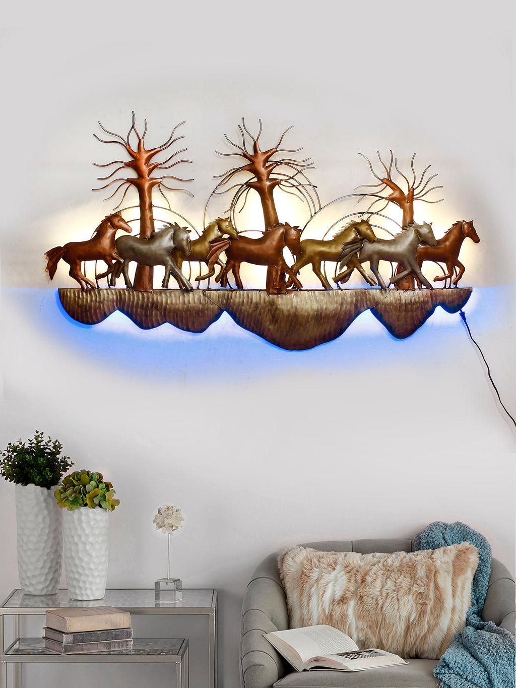 7 Running Horses Scenic View Handcrafted Iron Wall Hanging with background LED's Kafalo