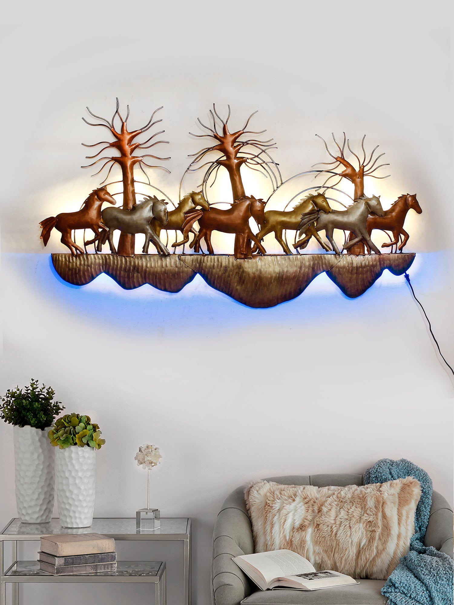 7 Running Horses Scenic View Handcrafted Iron Wall Hanging with background LED's Kafalo
