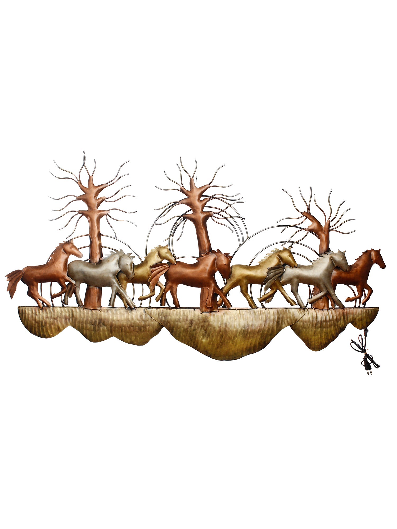 7 Running Horses Scenic View Handcrafted Iron Wall Hanging with background LED's Kafalo