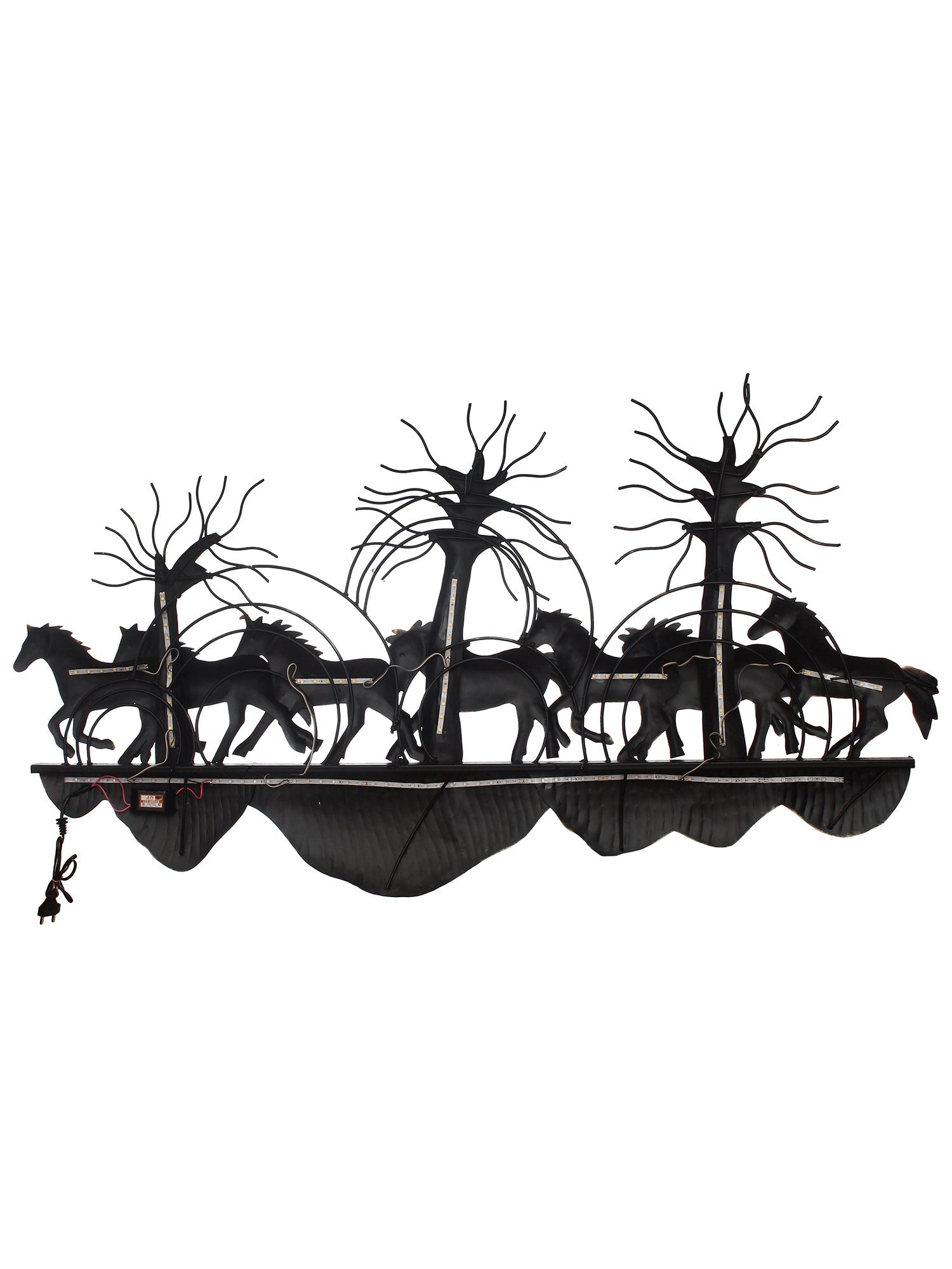 7 Running Horses Scenic View Handcrafted Iron Wall Hanging with background LED's Kafalo