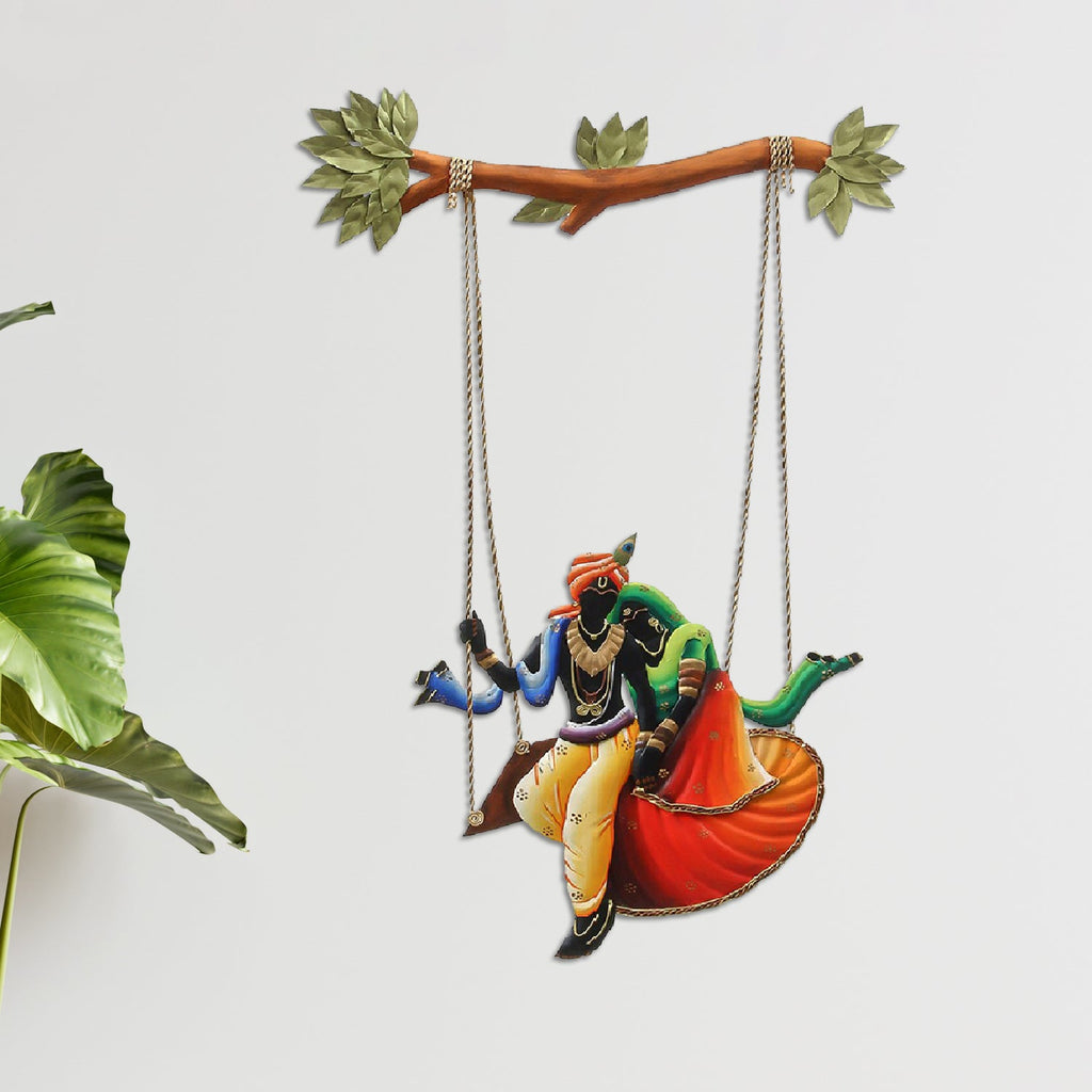 Wrought Iron Radha Krishna on Swing Wall Hanging Decorative Showpiece Kafalo