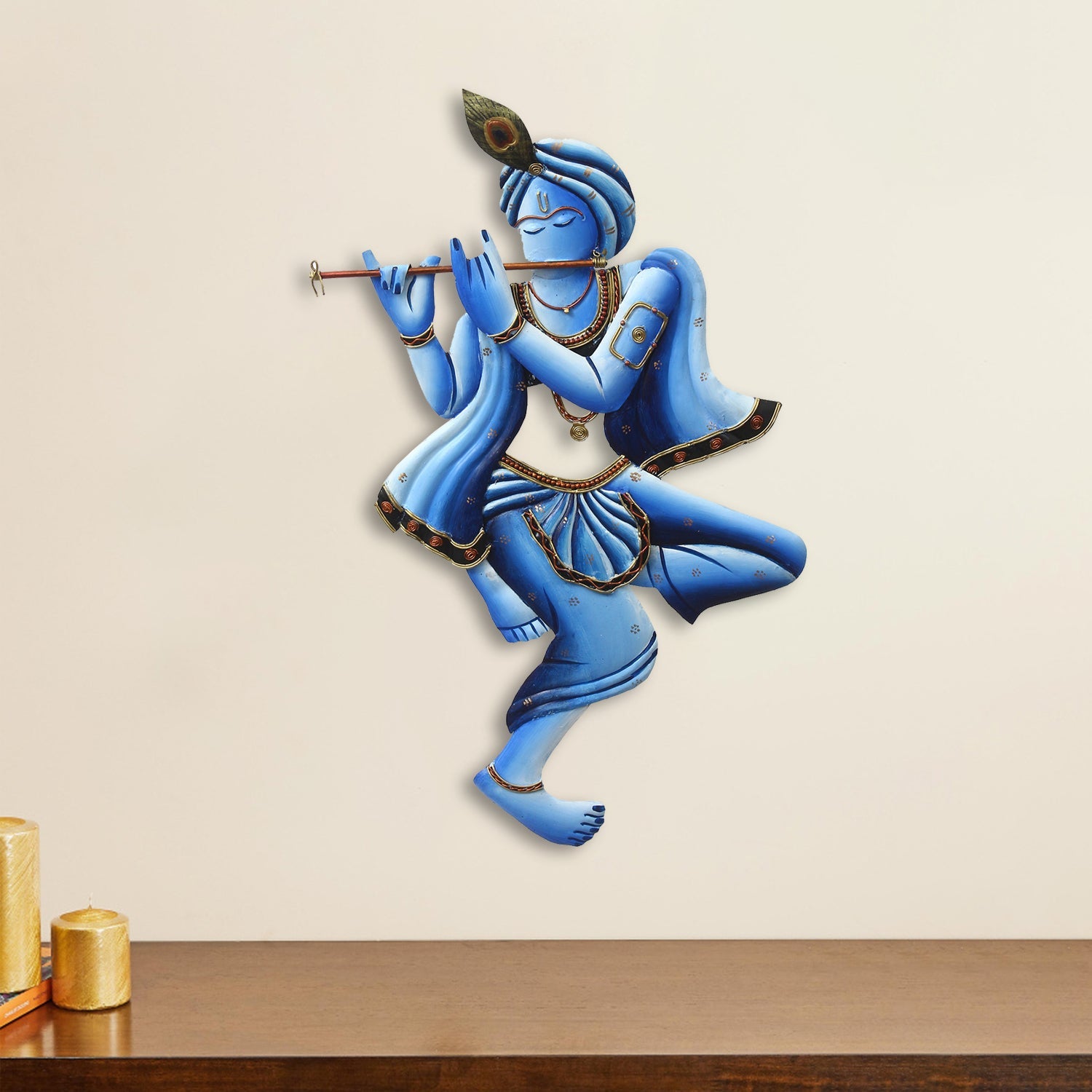 Blue Lord Krishna Playing Flute Handcrafted Decorative Iron Wall Hanging/Art Kafalo