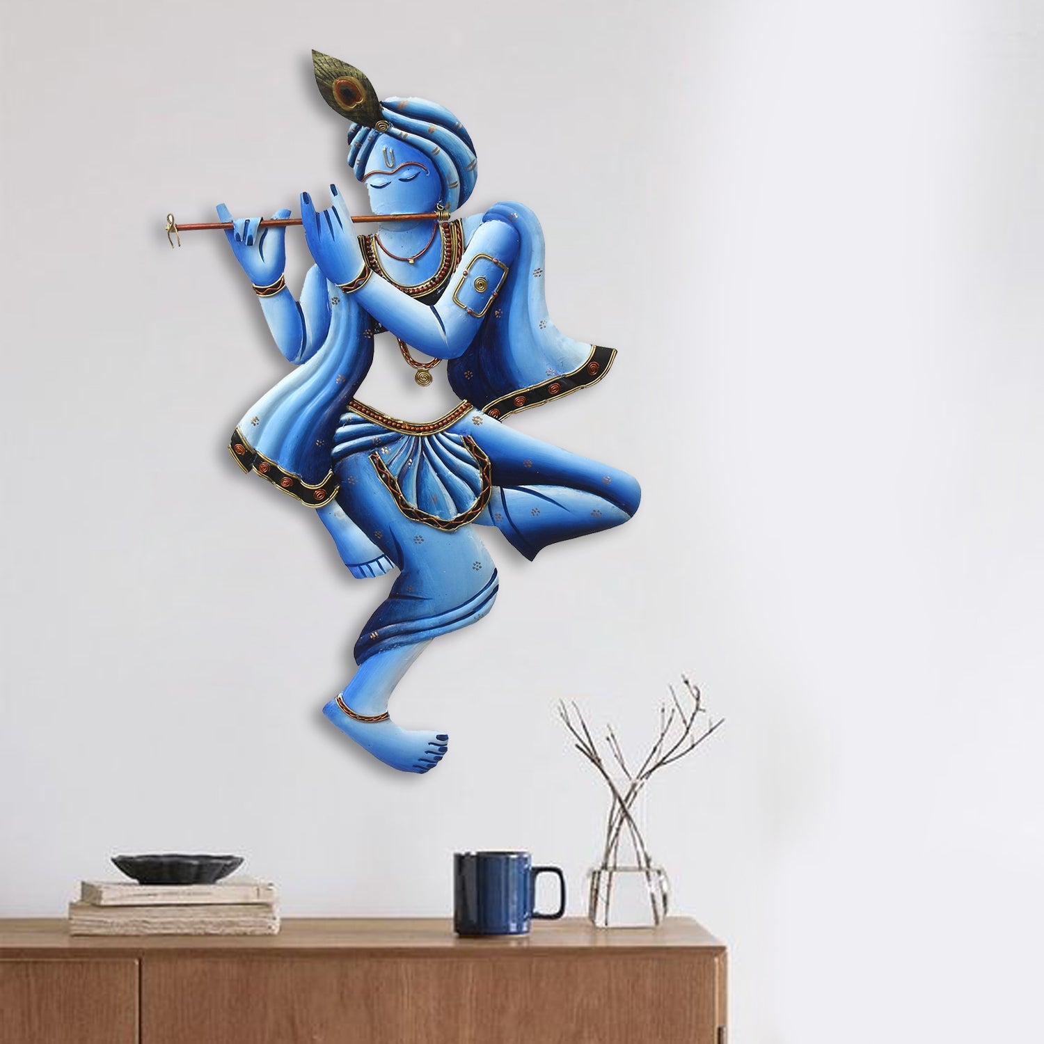 Blue Lord Krishna Playing Flute Handcrafted Decorative Iron Wall Hanging/Art Kafalo