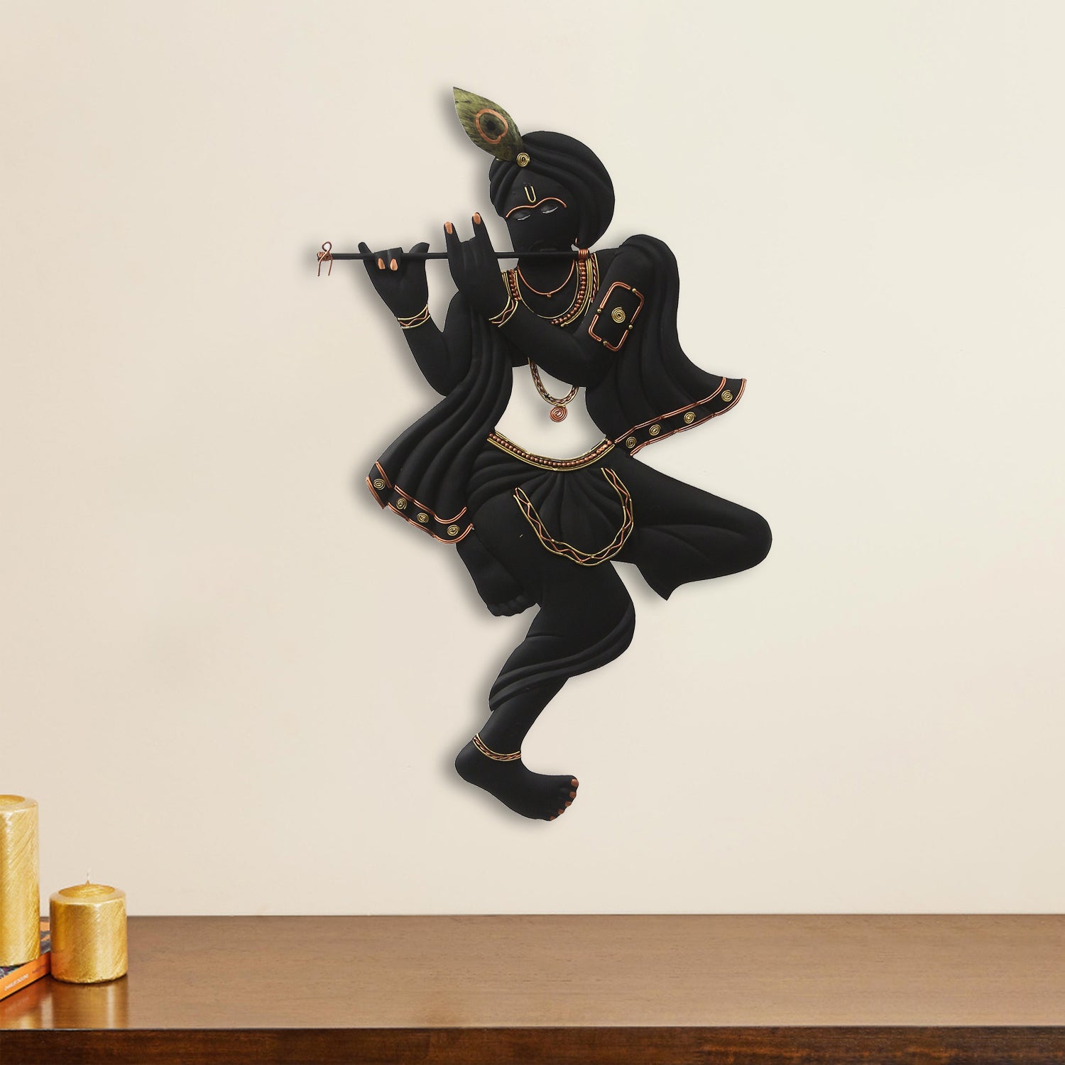 Black Lord Krishna Playing Flute Handcrafted Decorative Iron Wall Hanging/Art Kafalo