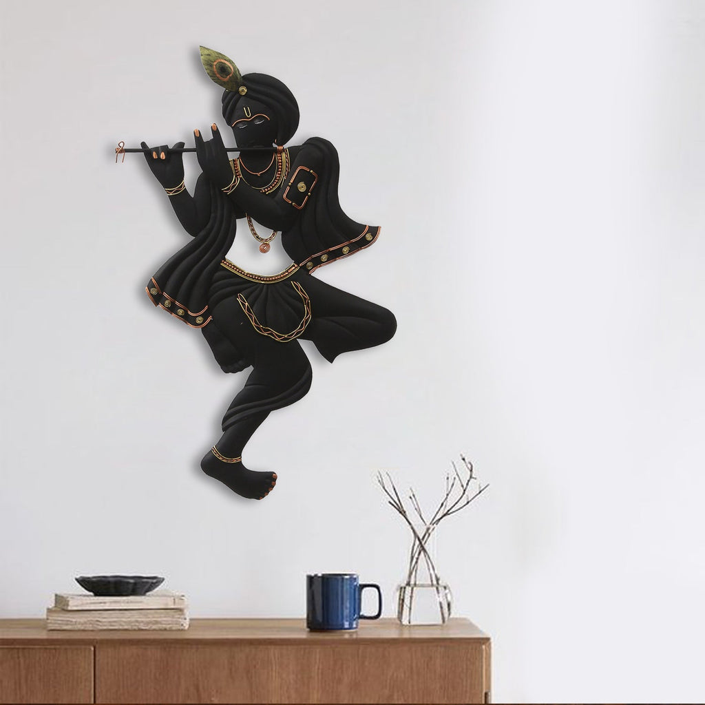 Black Lord Krishna Playing Flute Handcrafted Decorative Iron Wall Hanging/Art Kafalo