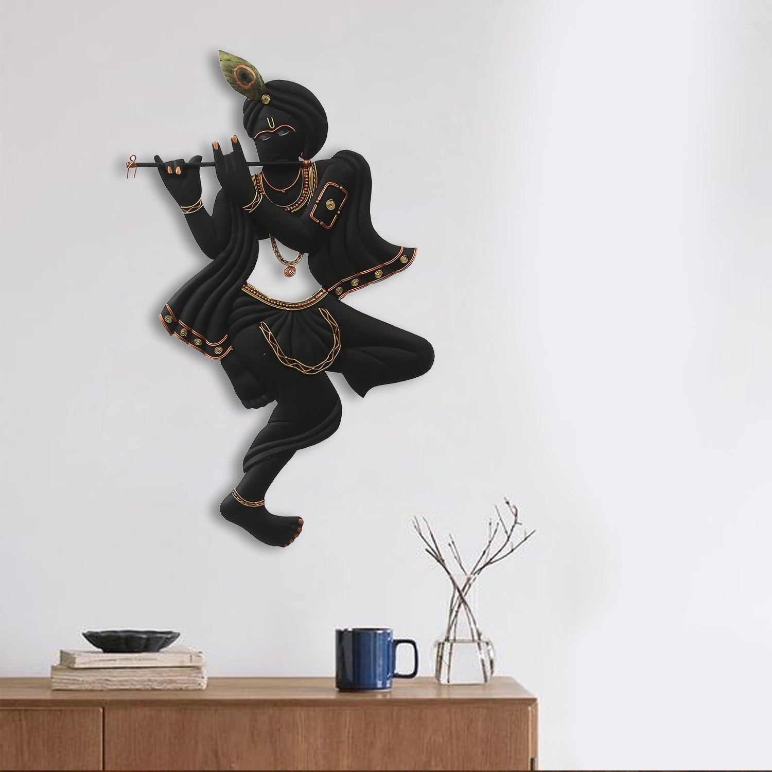 Black Lord Krishna Playing Flute Handcrafted Decorative Iron Wall Hanging/Art Kafalo