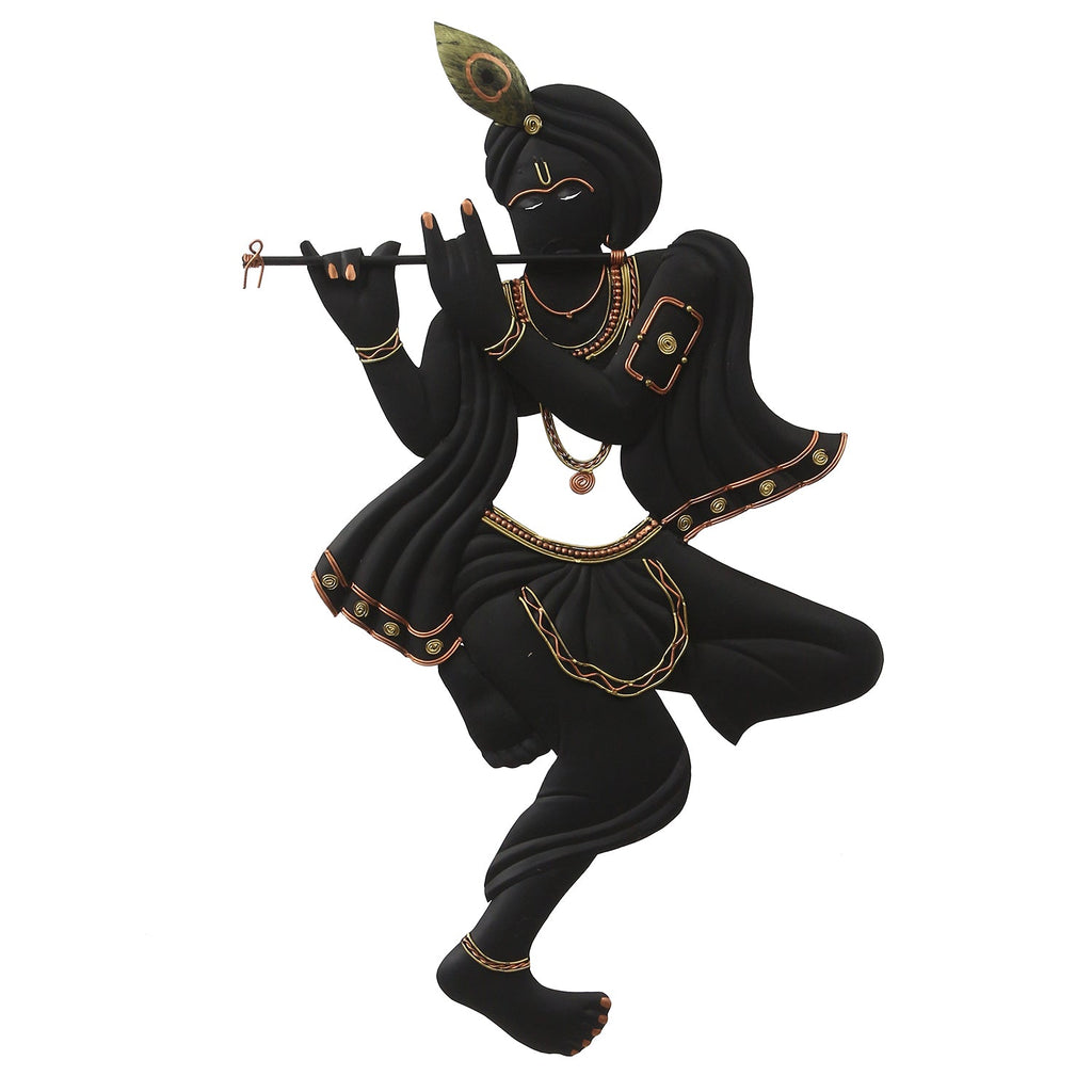 Black Lord Krishna Playing Flute Handcrafted Decorative Iron Wall Hanging/Art Kafalo