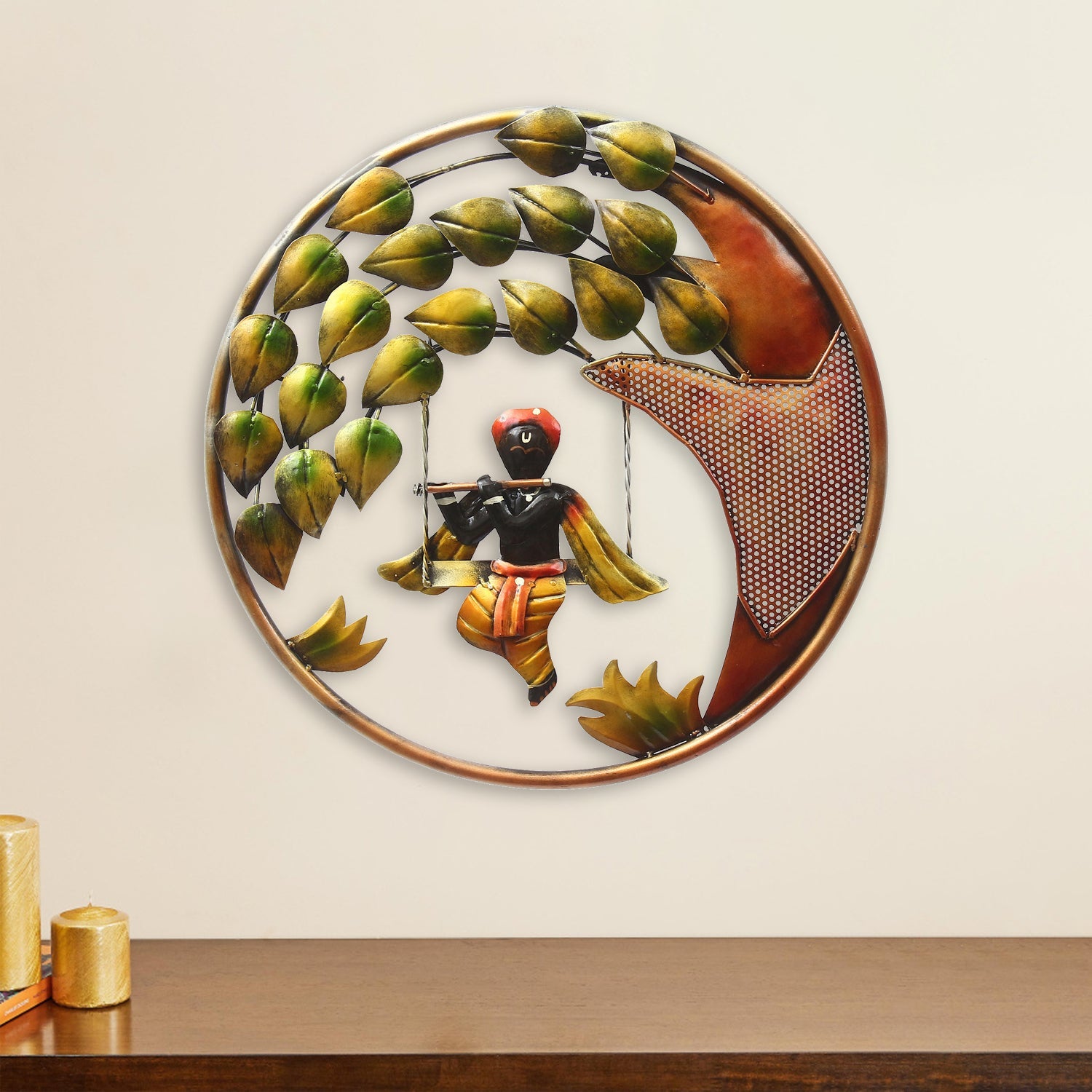Iron Handcrafted Lord Krishna Playing Flute on Swing Wall Hanging Kafalo