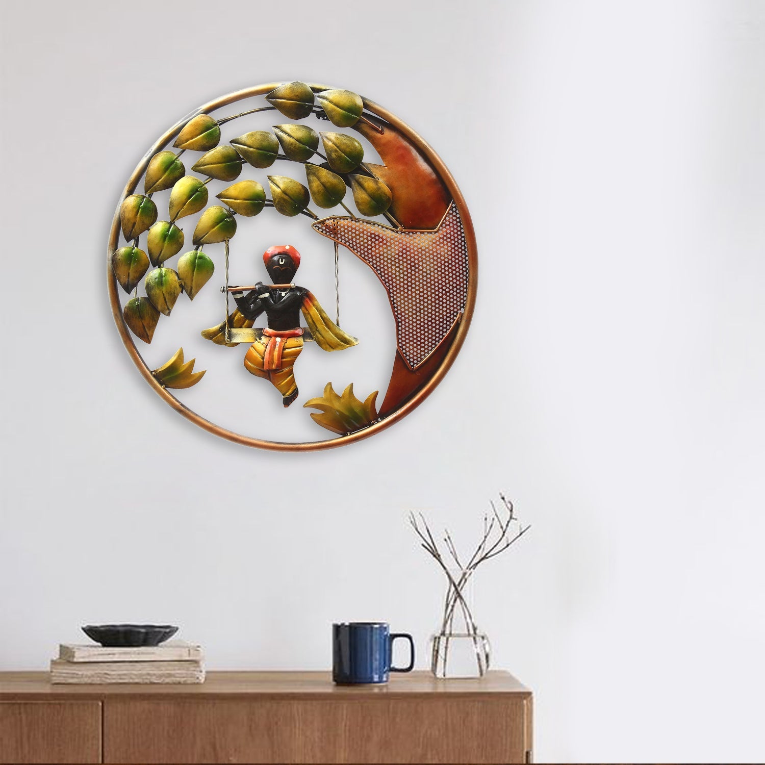Iron Handcrafted Lord Krishna Playing Flute on Swing Wall Hanging Kafalo