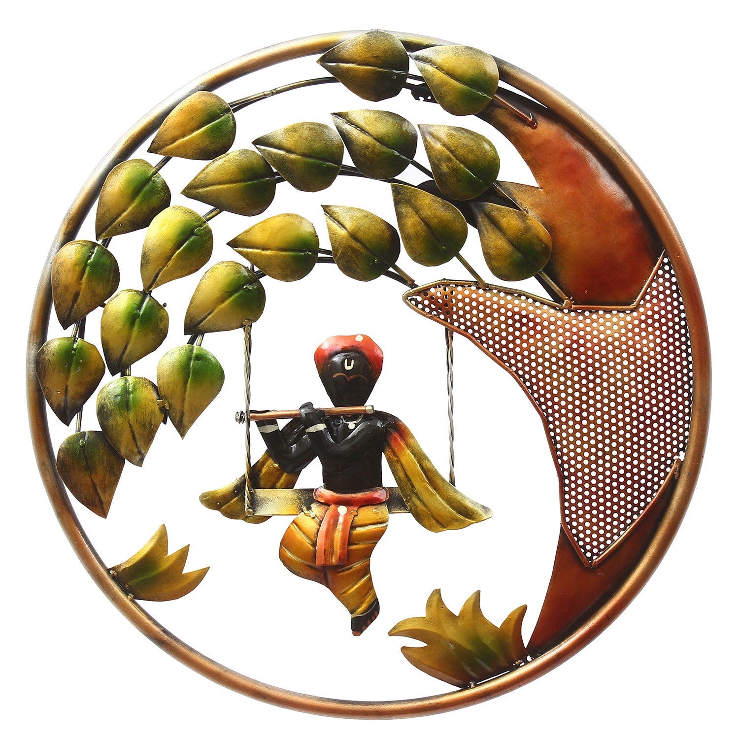 Iron Handcrafted Lord Krishna Playing Flute on Swing Wall Hanging Kafalo