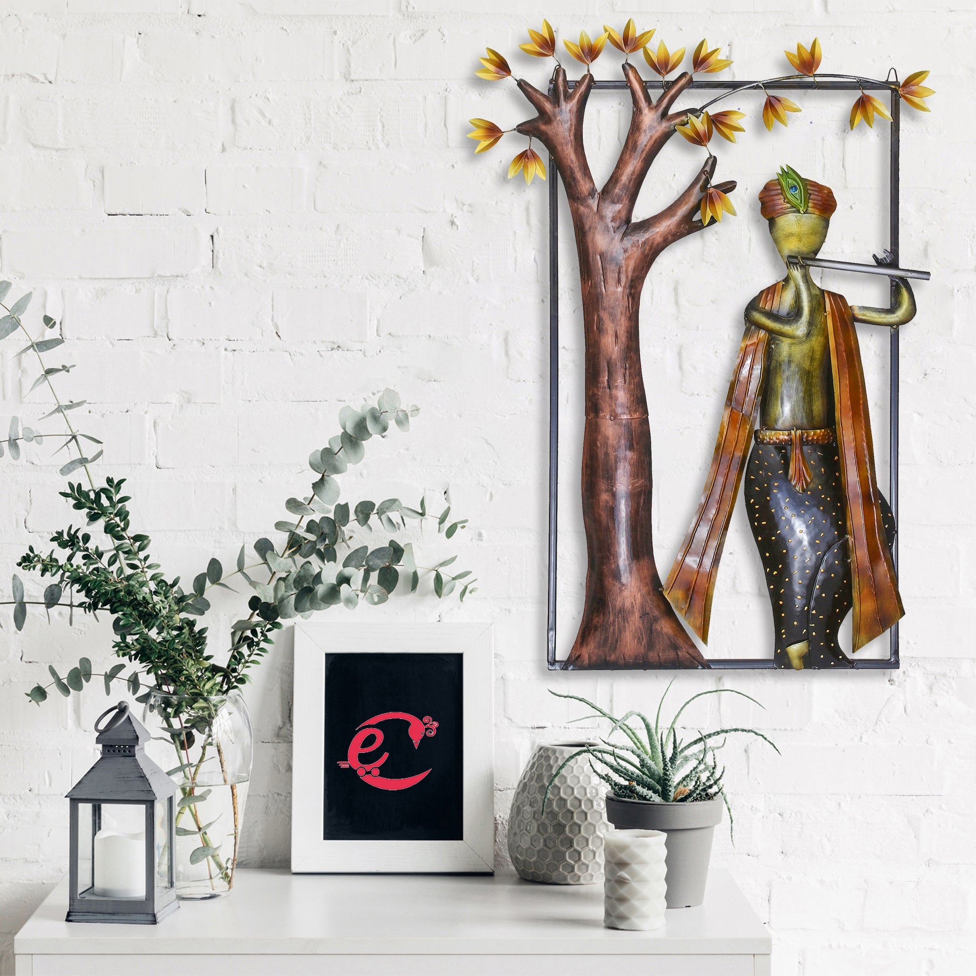 Lord Krishna Playing Flute Under Tree Handcrafted Iron Wall Hanging Decor Kafalo