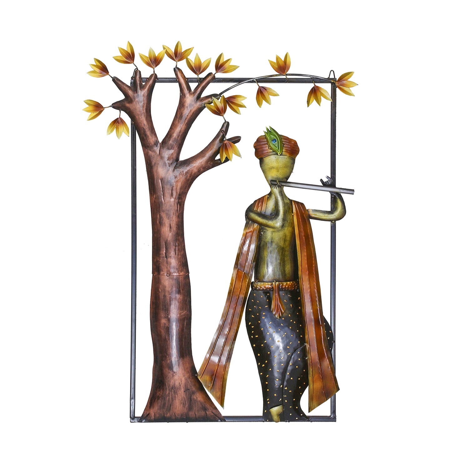 Lord Krishna Playing Flute Under Tree Handcrafted Iron Wall Hanging Decor Kafalo
