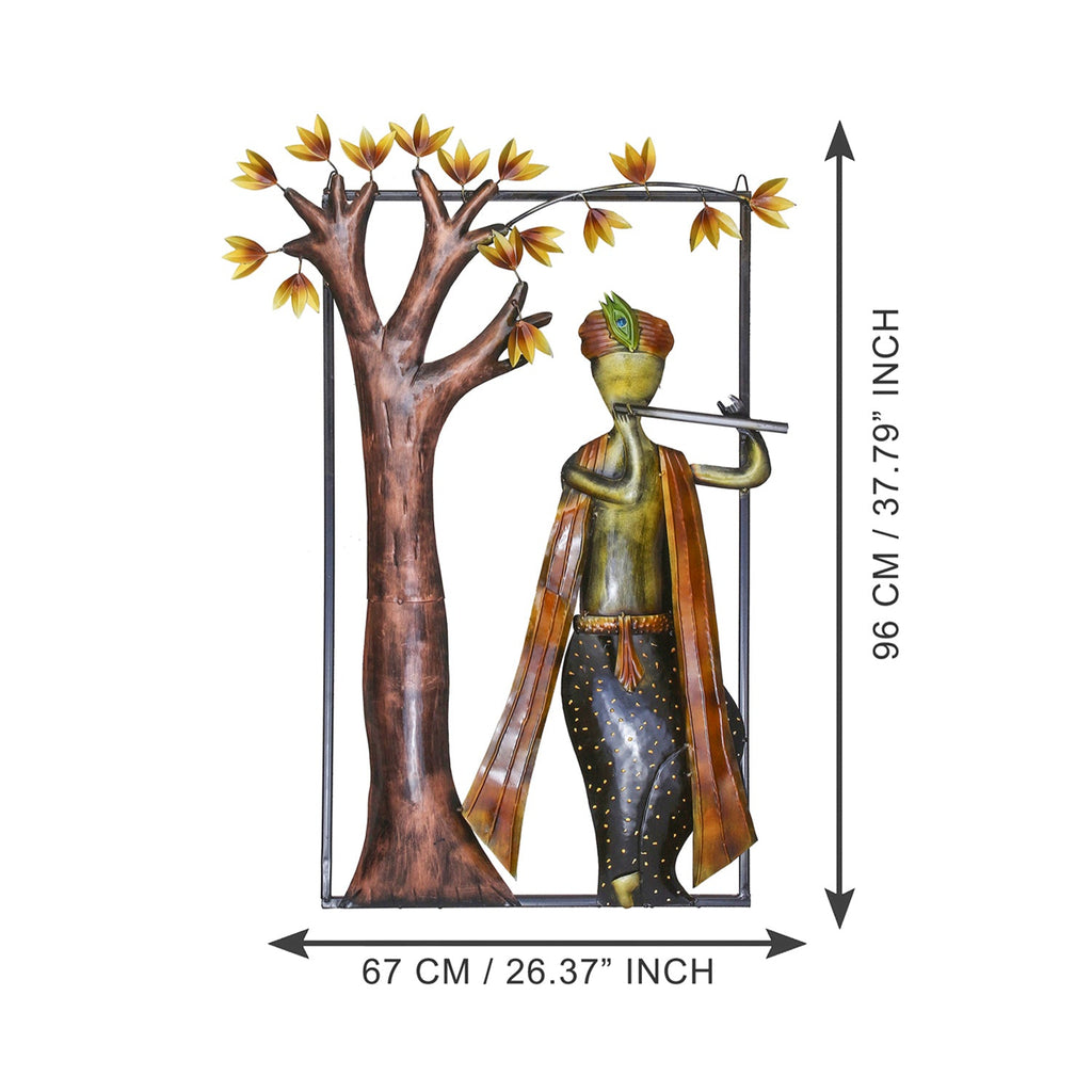 Lord Krishna Playing Flute Under Tree Handcrafted Iron Wall Hanging Decor Kafalo