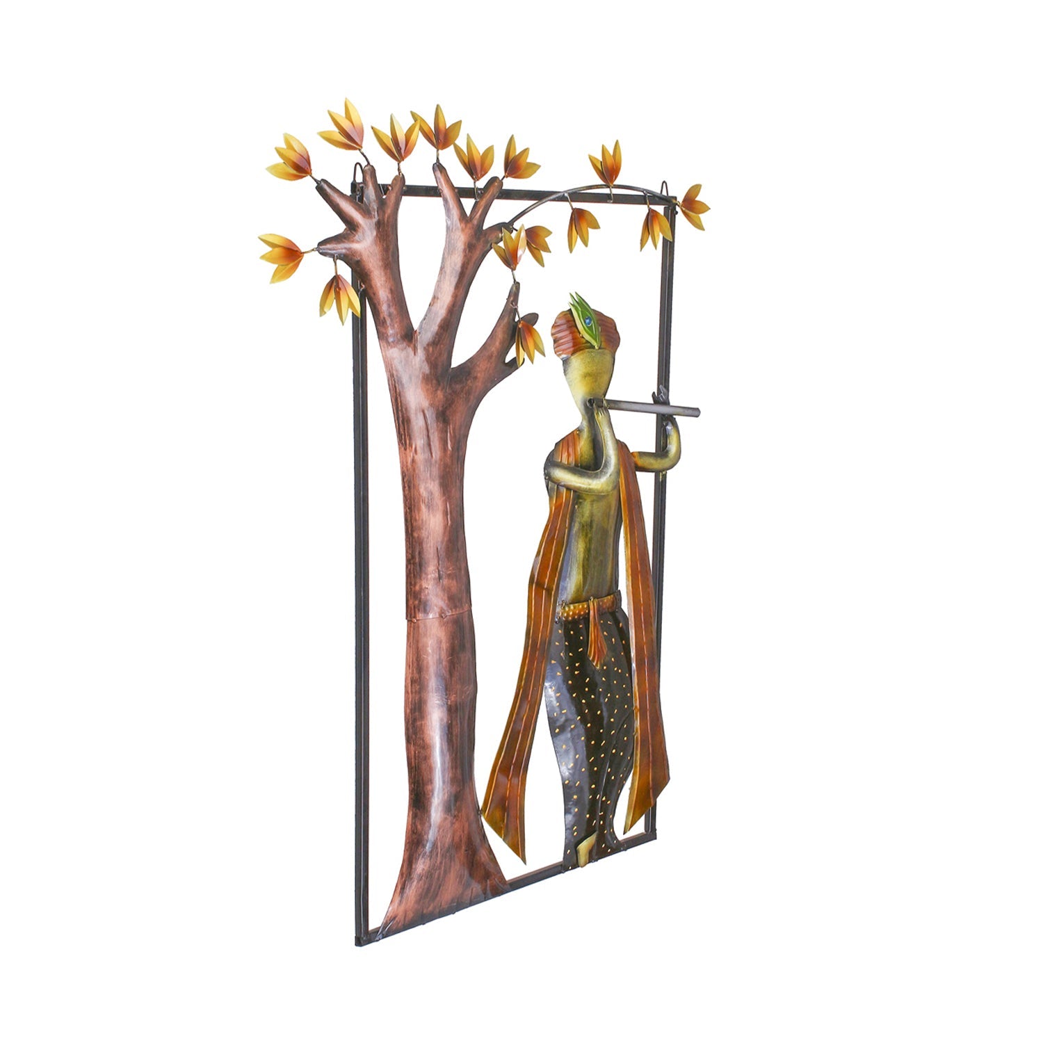 Lord Krishna Playing Flute Under Tree Handcrafted Iron Wall Hanging Decor Kafalo