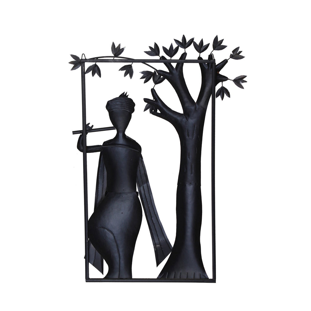Lord Krishna Playing Flute Under Tree Handcrafted Iron Wall Hanging Decor Kafalo