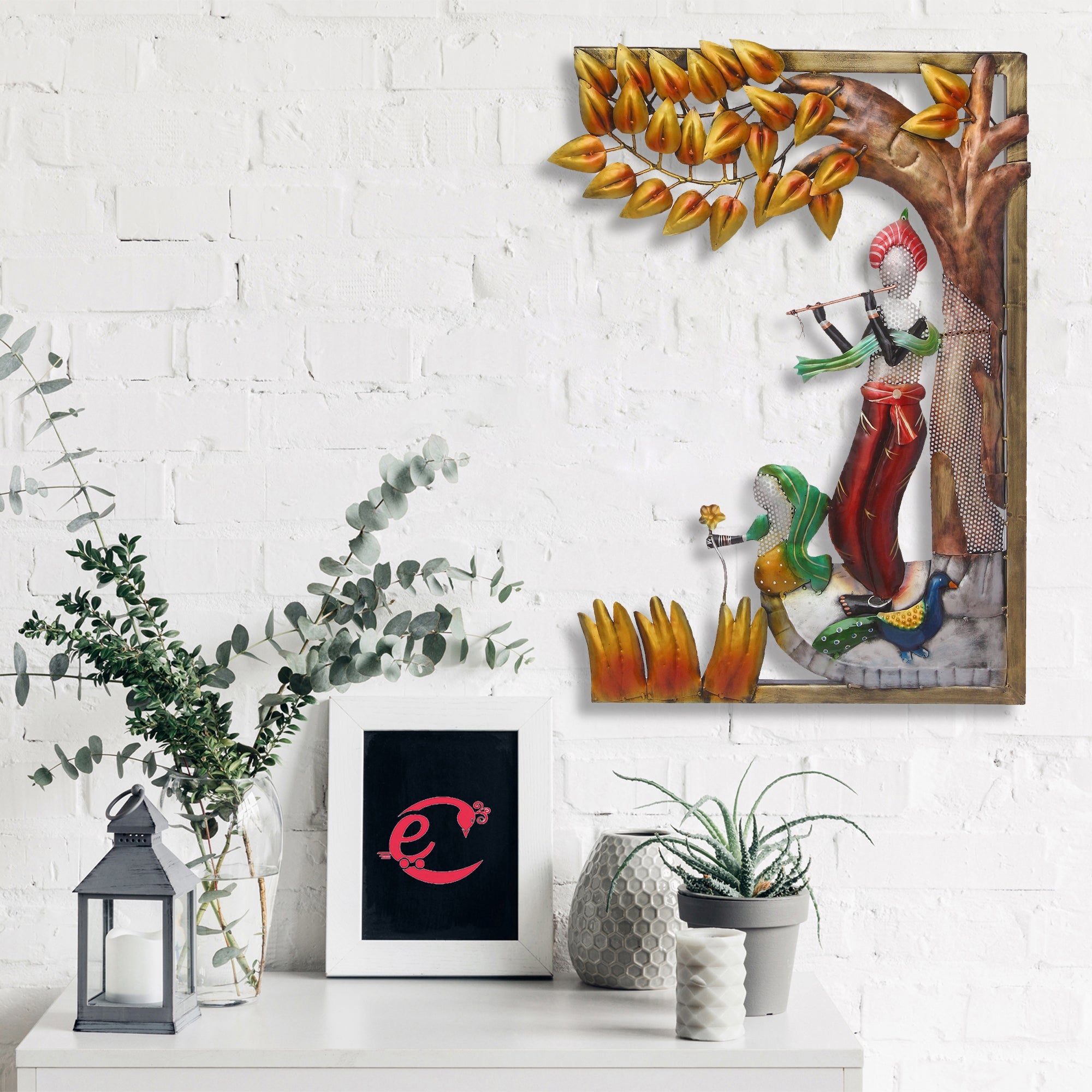 Lord Krishna Playing Flute Under Tree Handcrafted Iron Wall Hanging Art Kafalo