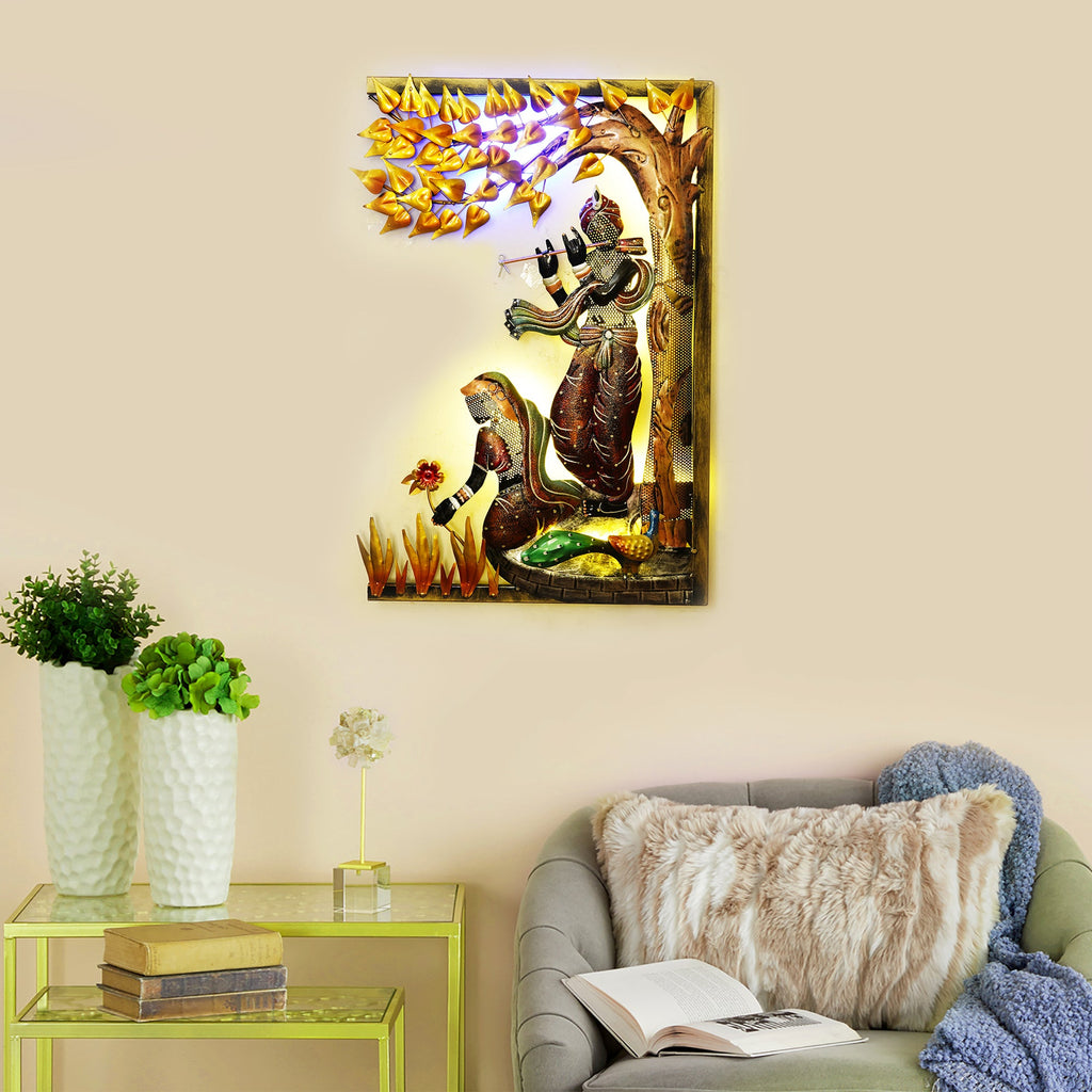 Lord krishna playing flute for radha Handcrafted Metal Wall Hanging with Background LED's Kafalo