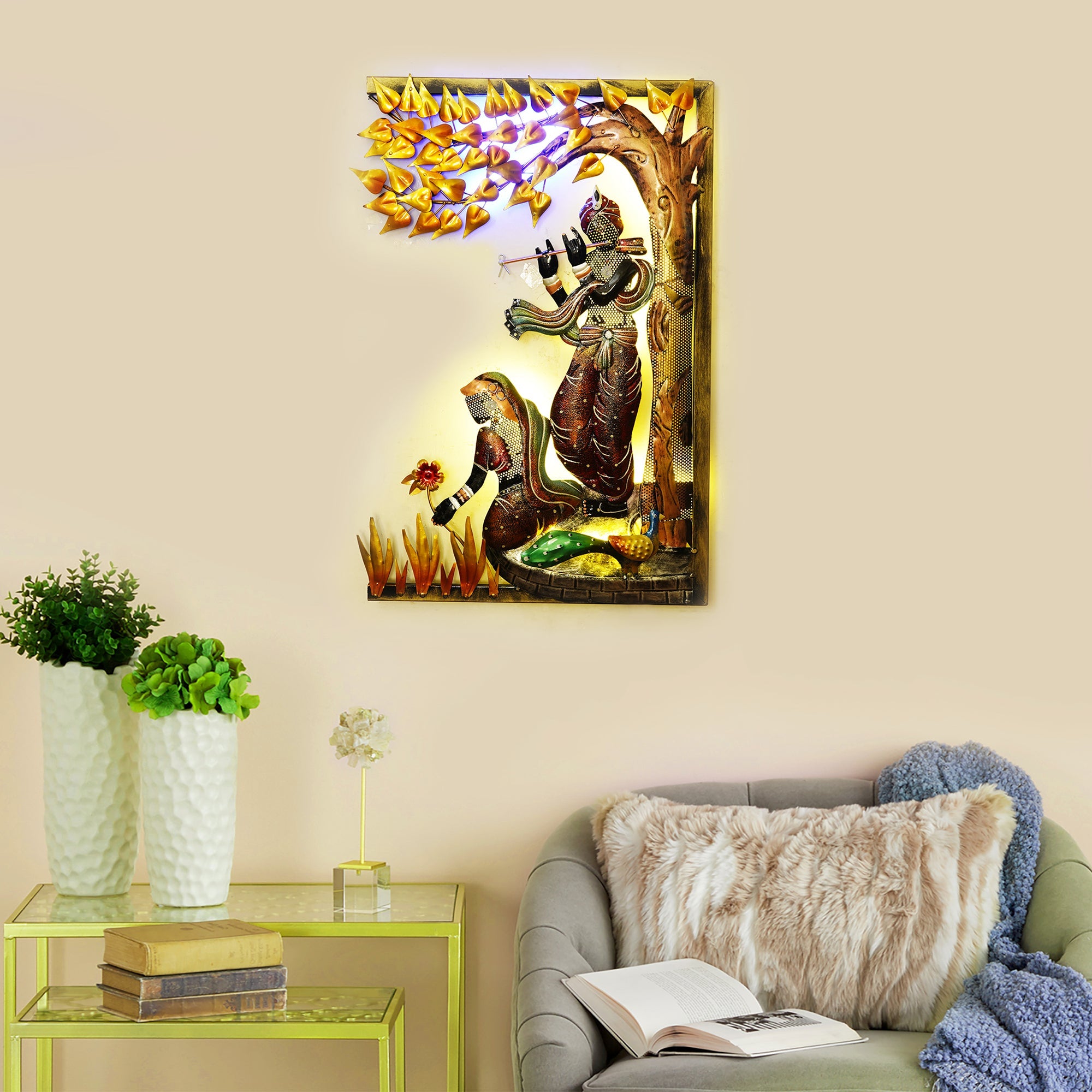 Lord krishna playing flute for radha Handcrafted Metal Wall Hanging with Background LED's Kafalo